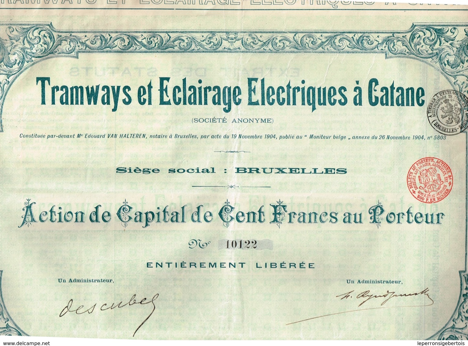 Action Ancienne - Société Anonyme -Tramways Et Eclairages Electriques à Catane - Titre De 1904 -N°10122 - Ferrocarril & Tranvías