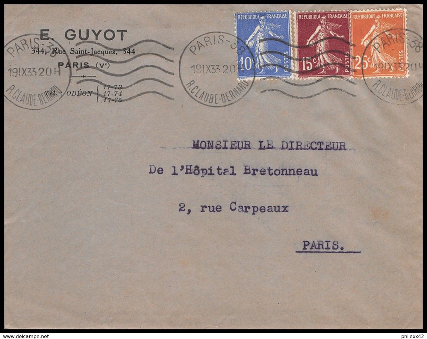 4460 France Lettre (cover) Semeuse 279 .. 50c Krag Paris 19/9/1933 - 1921-1960: Période Moderne