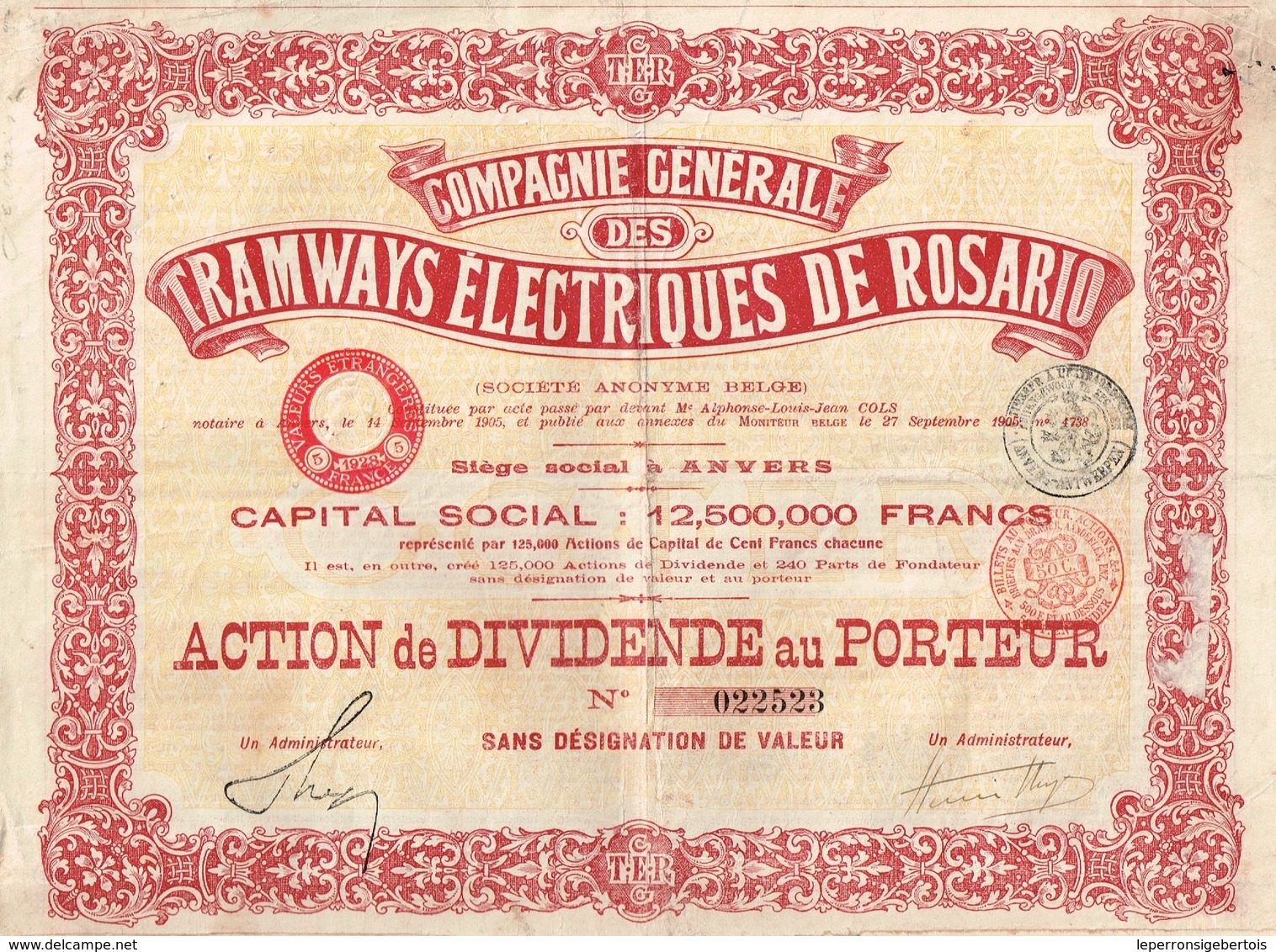 Action Ancienne - Compagnie Générale DesTramways Electriques De Rosario - Titre De 1905 - Ferrocarril & Tranvías