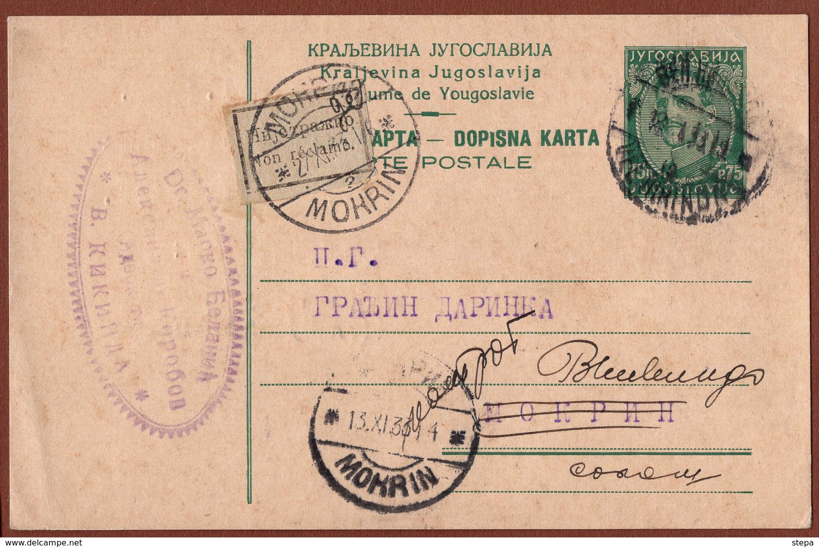 YUGOSLAVIA,  "NON RECLAMO." RARE LABEL On POSTAL CARD 1933 RRR!!! - Ganzsachen