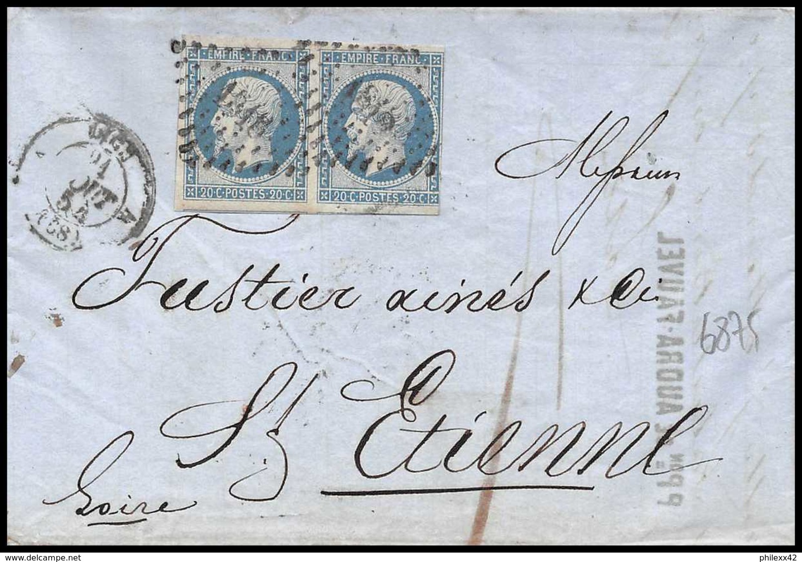 6875 LAC N 14 Lyon Rhone 1854 Entete Fauvel Napoleon 20c Laiteux X2 Paire Laiteux St Etienne Loire France Lettre - 1849-1876: Période Classique