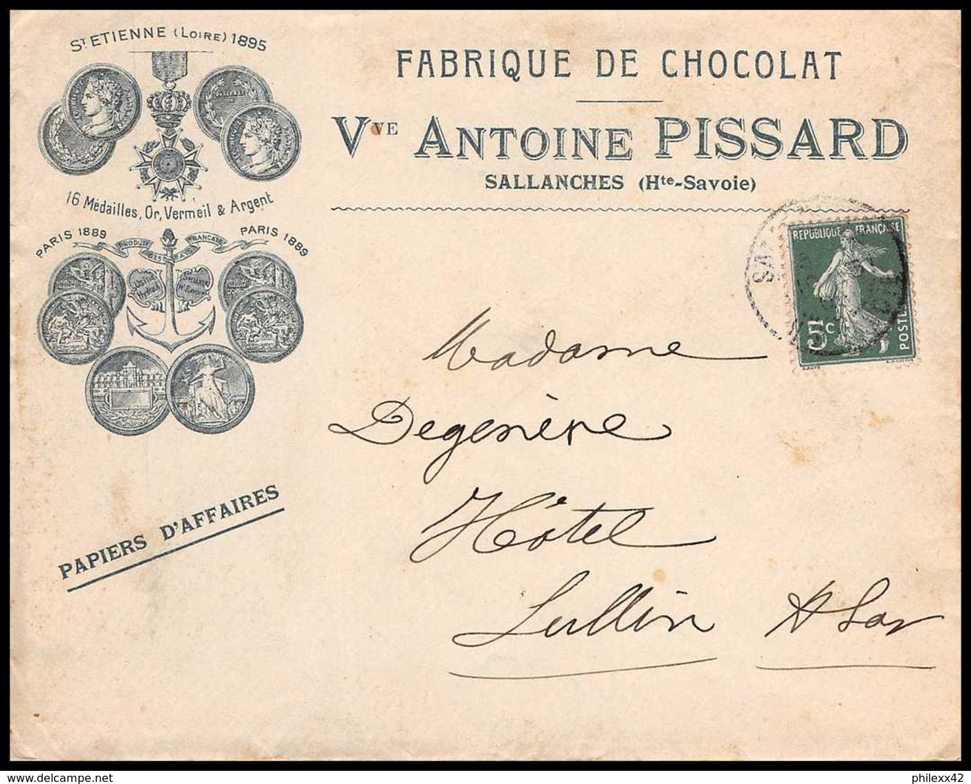 7419 Enveloppe Illustree Medaille St Etienne 1895 Chocolat Pissard Sallanches Haute Savoie 1908 Semeuse France TB Etat - 1877-1920: Période Semi Moderne