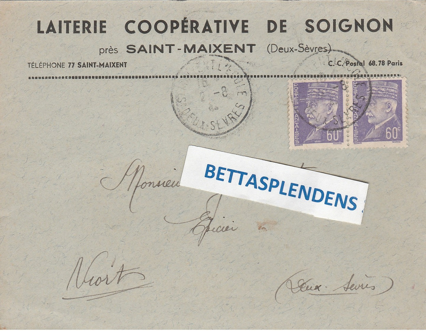 LSC - LAITERIE COOPERATIVE DE SOIGNON Près SAINT MAIXENT (Deux Sèvres) Timbres Pétain YT 509 (x2) - 1921-1960: Période Moderne