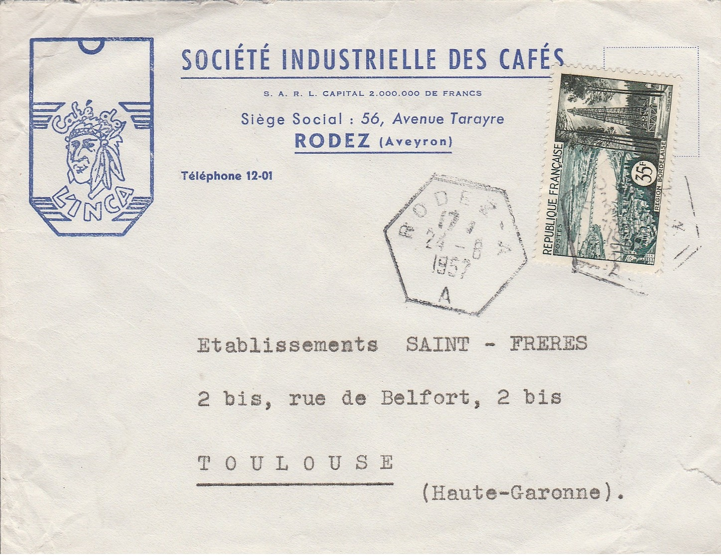 LSC 1957 - Cachet Hexagonal RODEZ A Sur Enveloppe SOCIETE INDUSTRIELLE DES CAFES à RODEZ (Aveyron) - 1921-1960: Periodo Moderno