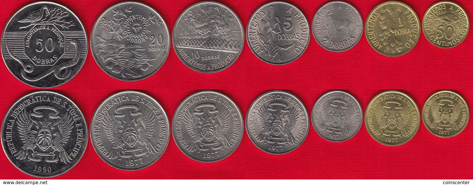 Sao Tome And Principe Set Of 7 Coins: 50 Centimos - 50 Dobras 1977-1990 UNC - Santo Tomé Y Príncipe