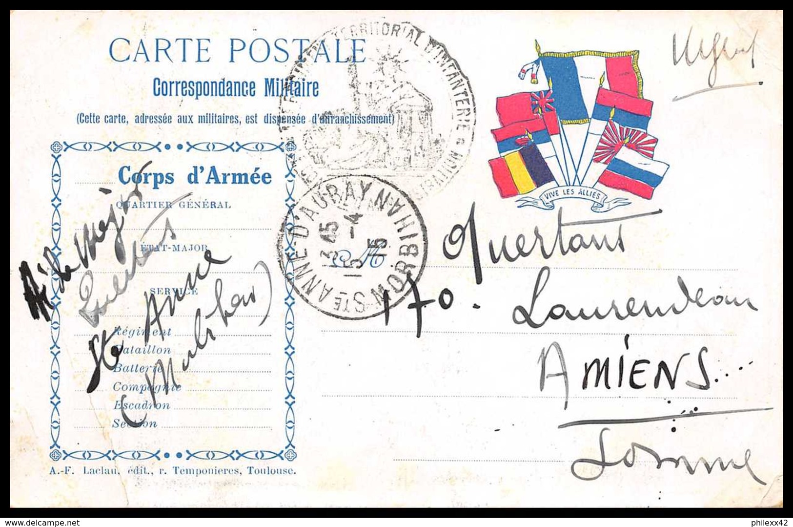 42551 Carte Postale En Franchise 7 Drapeaux à Droite Vive Les Alliés 1815 Ste Anne D'auray Guerre 1914/1918 War Postcard - Guerre De 1914-18