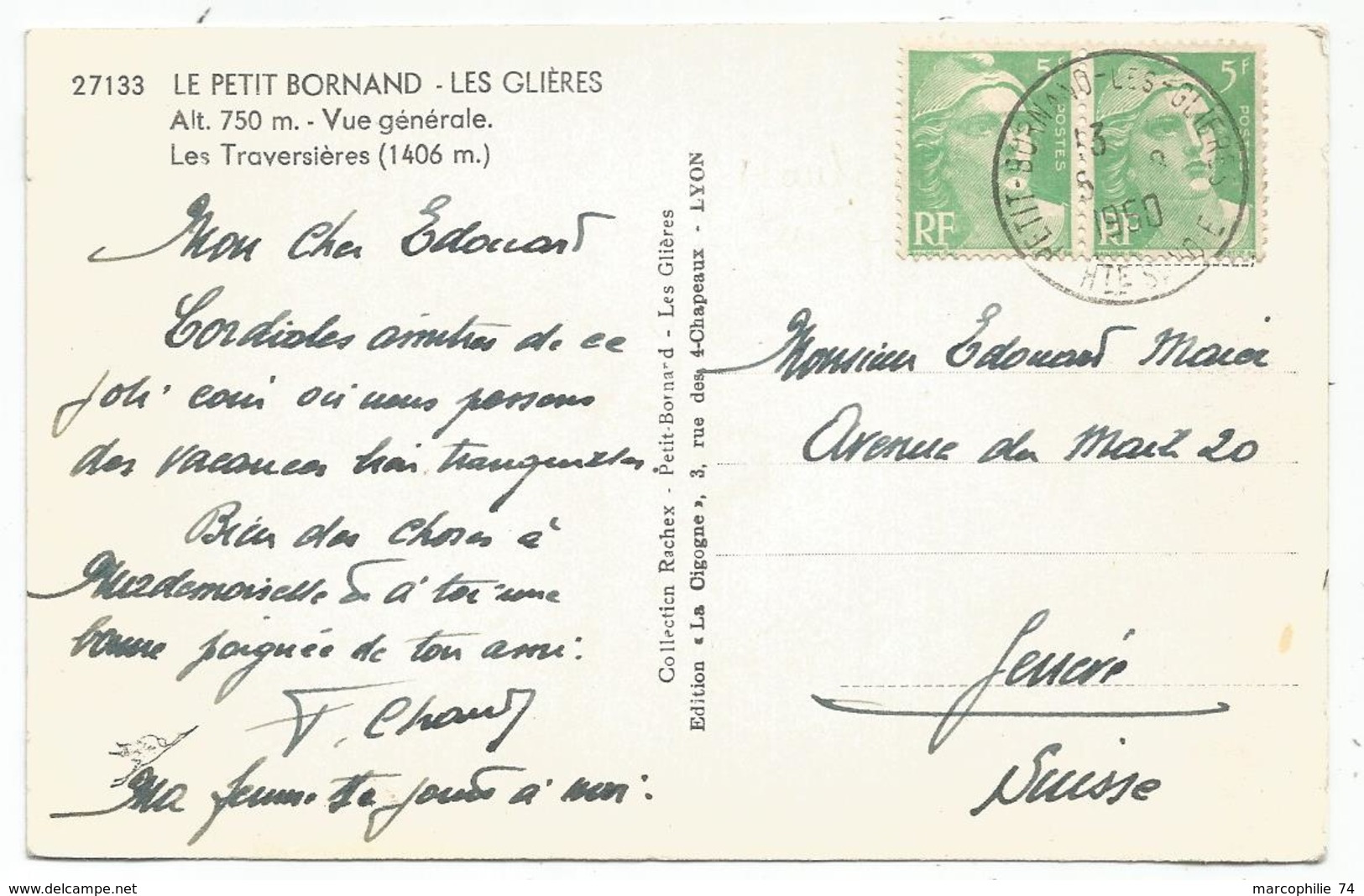 GANDON 5FR VERT PAIRE CARTE PETIT BORNAND 6.9.1950 HTE SAVOIE POUR GENEVE TARIF FRONTALIER - 1945-54 Marianne De Gandon