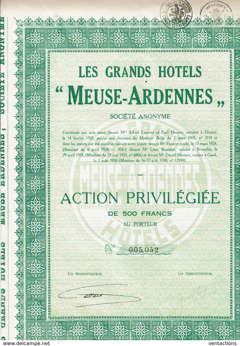 BELGIQUE-HOTELS "MEUSE-ARDENNES". DINANT. Lot De 2 Titres Différents - Otros & Sin Clasificación