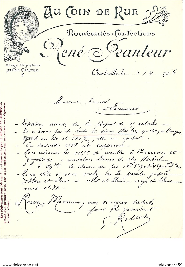 Facture Au Coin De Rue Nouveautés Confections René Peanteur à Charleville En 1906 - 1900 – 1949