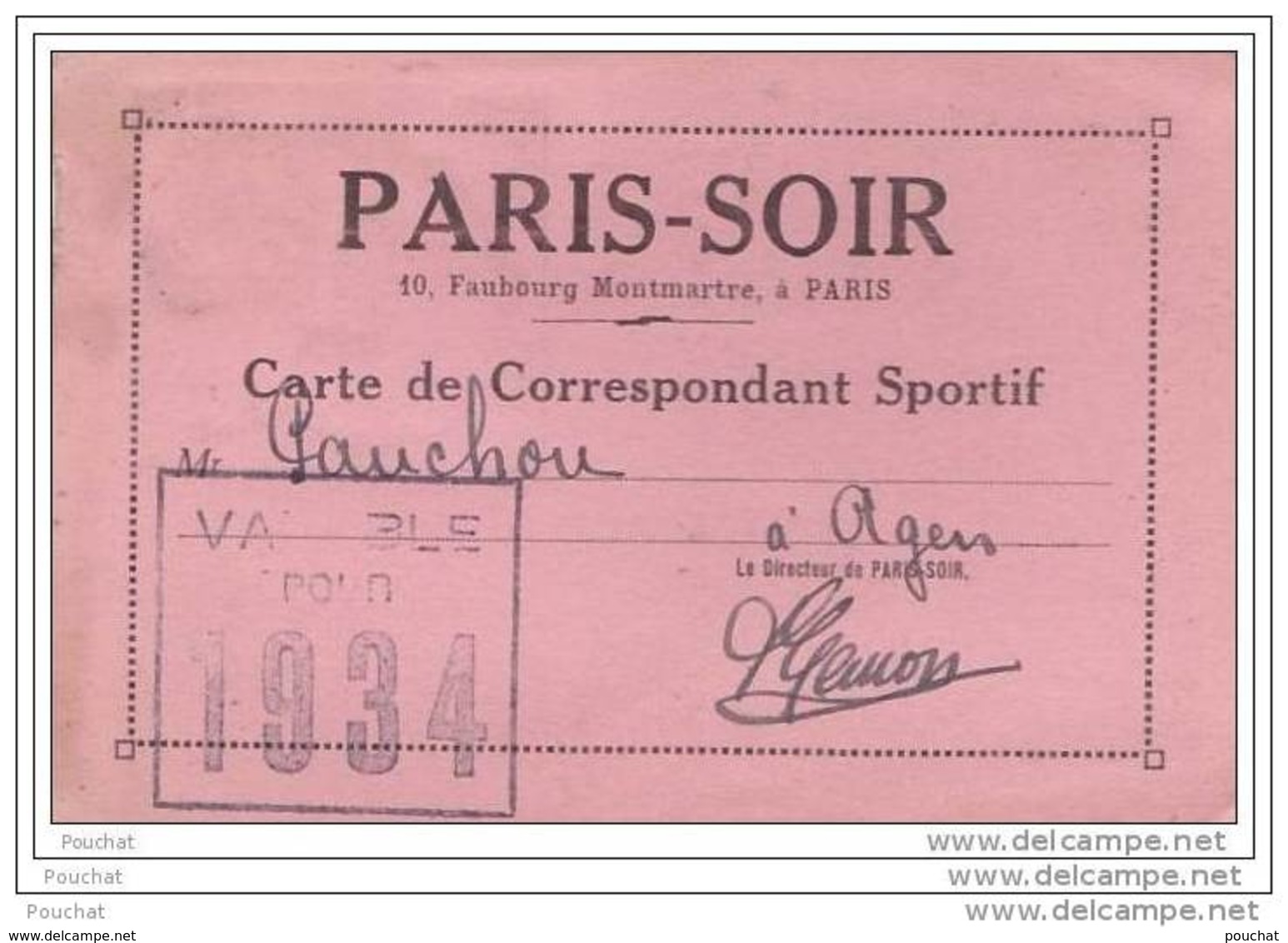 75) Paris Soir - 10 , Faubourg Montmartre - Carte De Correspondant Sportif De 1934 - Agen - Journaliste - Presse) - Arrondissement: 09