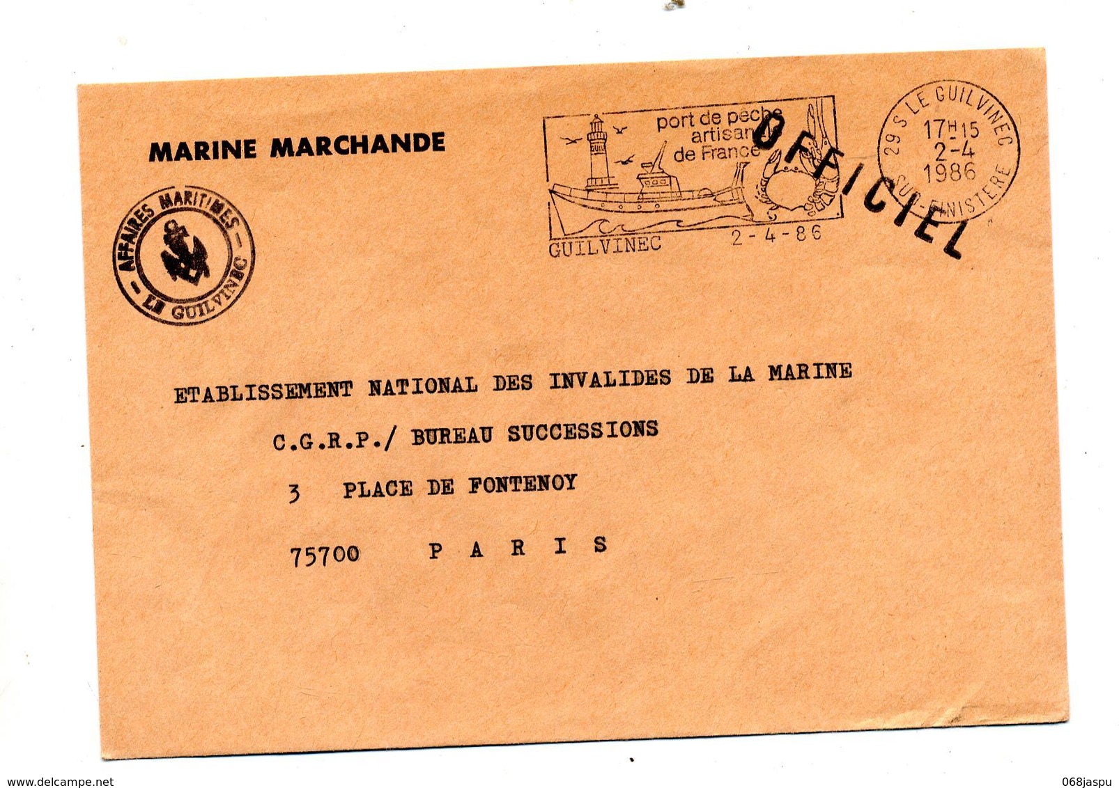 Lettre Franchise Militaire Flamme Guilvinec Peche Phare Crabe  Entete Marine Marchande - Oblitérations Mécaniques (flammes)