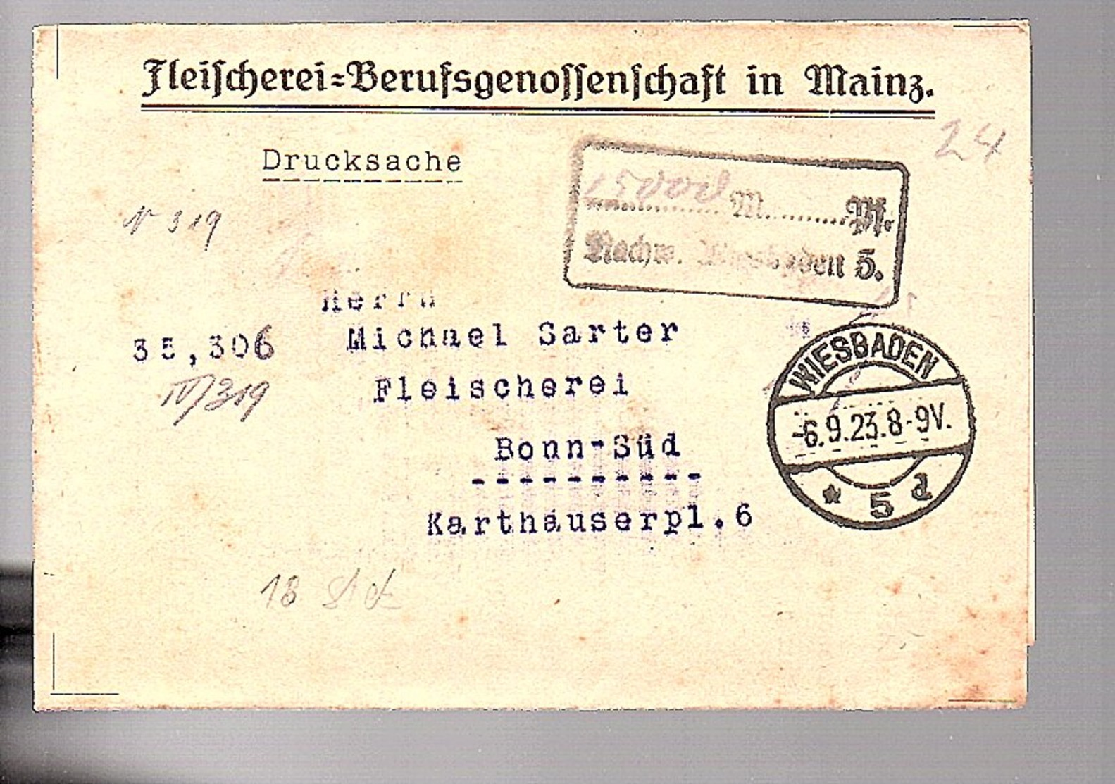 Lokalausgabe Fleischerei Mainz 1923 Wiesbaden > Michael Sarter (re-661) - Briefe U. Dokumente