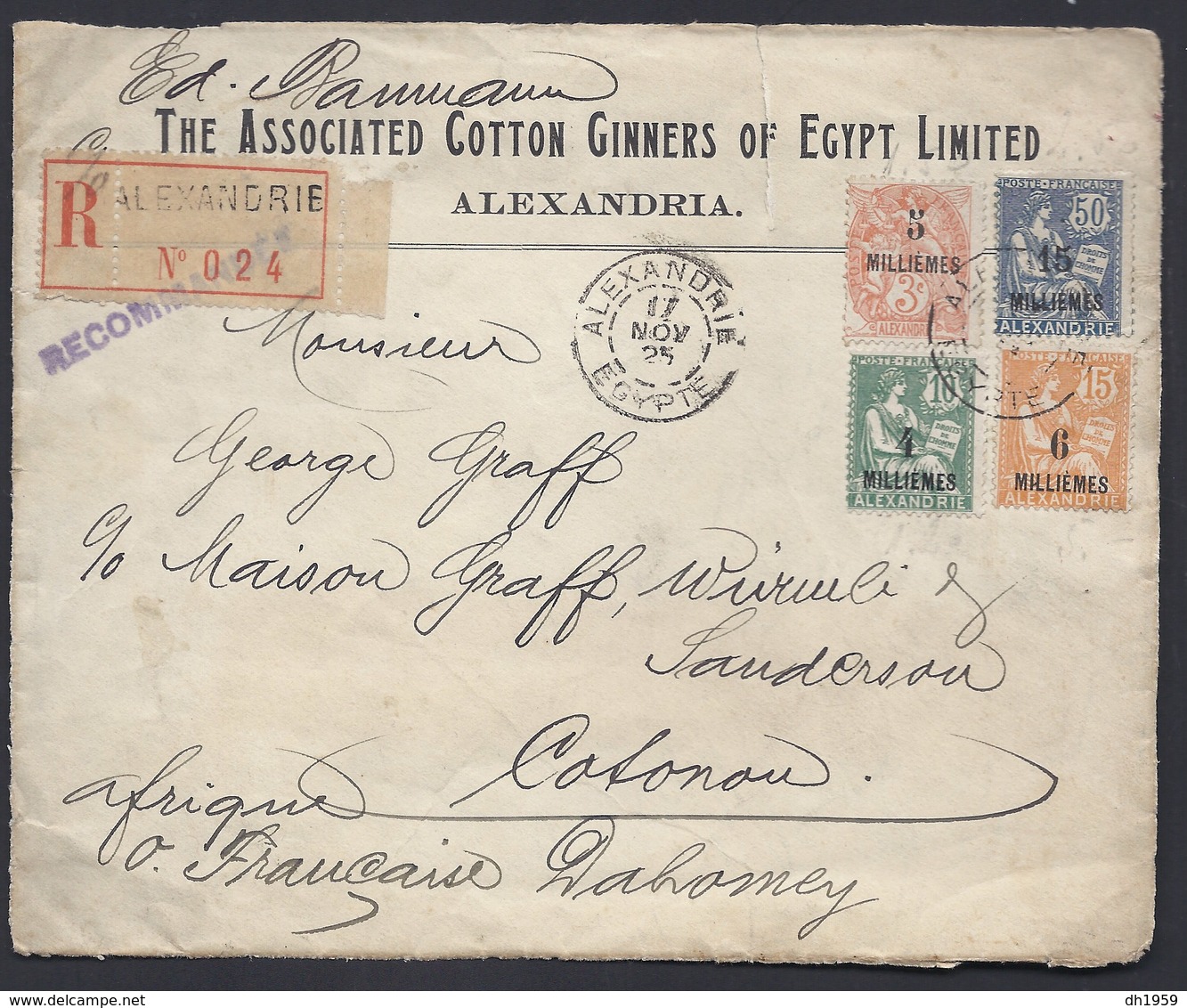 ALEXANDRIE ALEXANDRIA COTTON GINNERS EGYPT EGYPTE TO COTONOU AOF DAHOMEY AFRIQUE FRONT COVER REGISTERED - Lettres & Documents