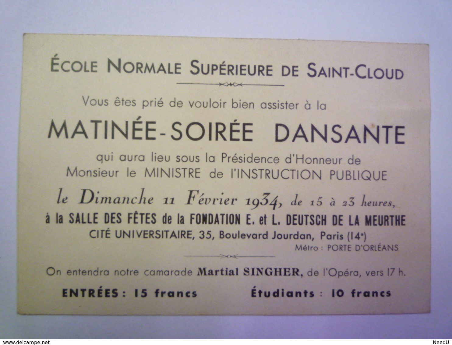 GP 2019 - 766  Ecole Normale Sup De ST-CLOUD  :  Carton D'Invitation à Une Matinée-Soirée Dansante  1934   XXX - Unclassified