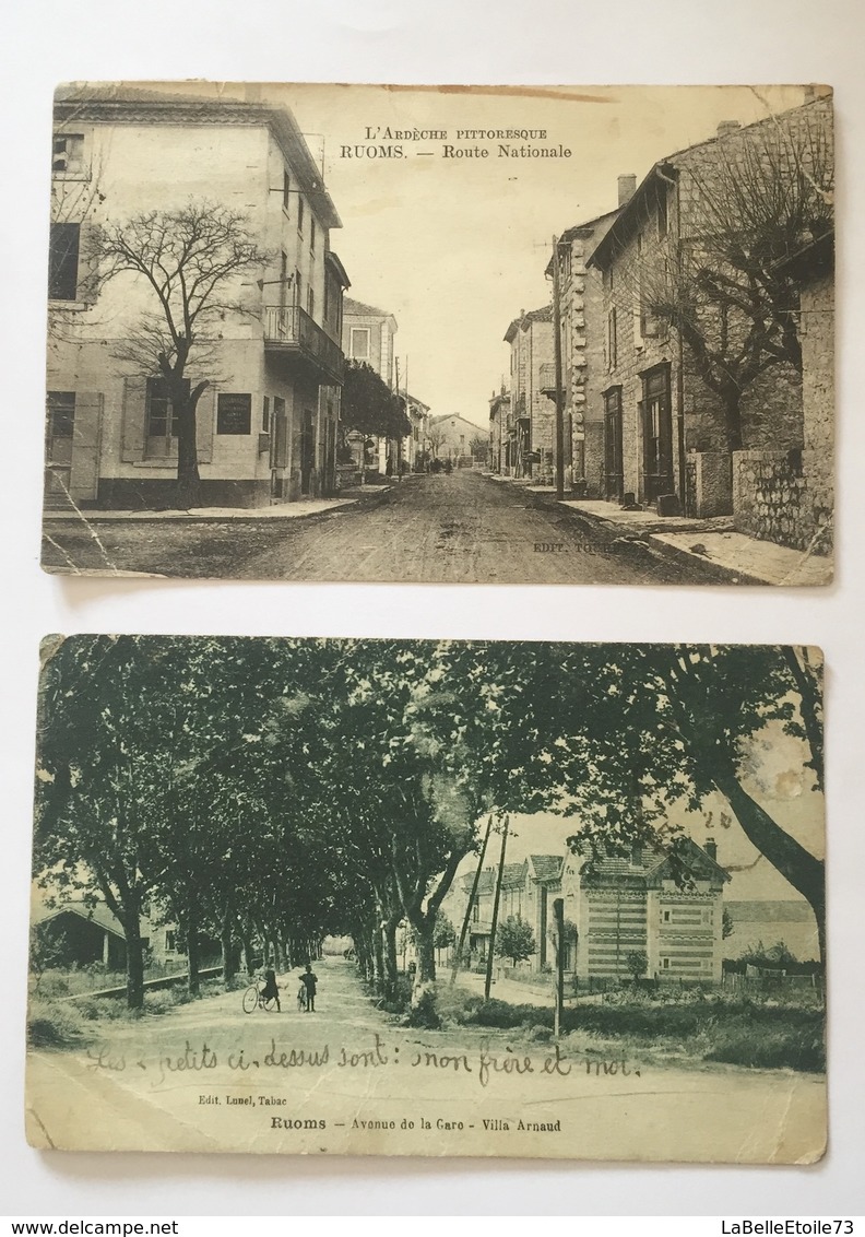 2 CPA Ruoms Ardèche 1925 1926 - Route Nationale - Avenue De La Gare & Villa Arnaud - 2 Enfants - Identification Possible - Ruoms