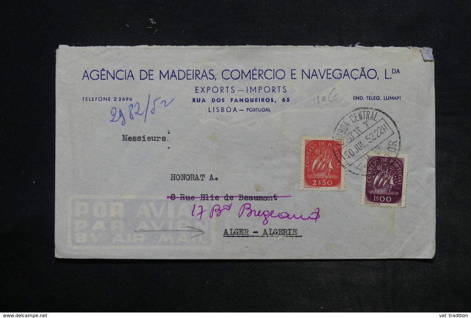 PORTUGAL - Enveloppe Commerciale De Lisbonne Pour Alger En 1952 , Affranchissement Plaisant - L 26425 - Lettres & Documents