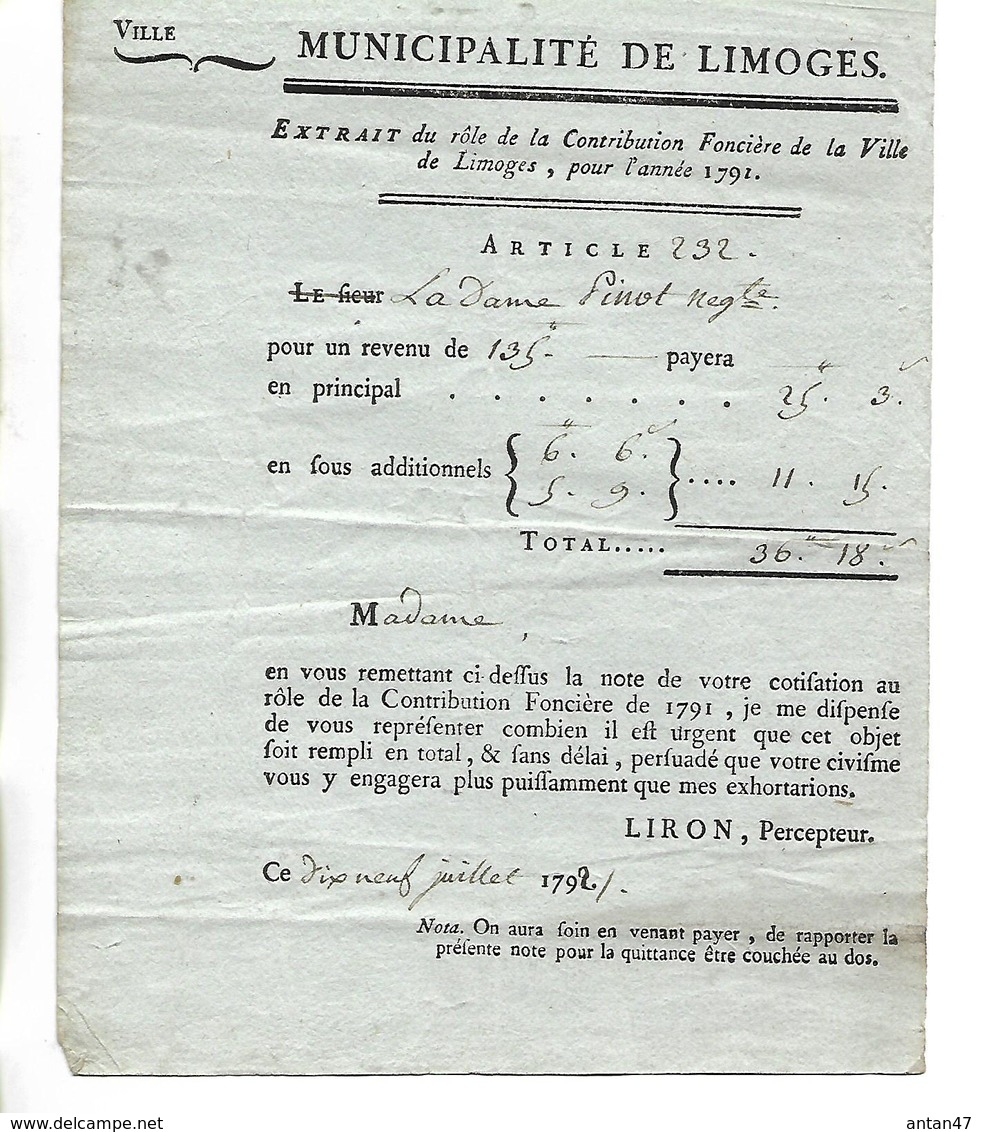 Document 1791 / Municipalité De LIMOGES 87 / Extrait Contribution Financière Pour Mme PINOT / Percepteur LIRON - ... - 1799