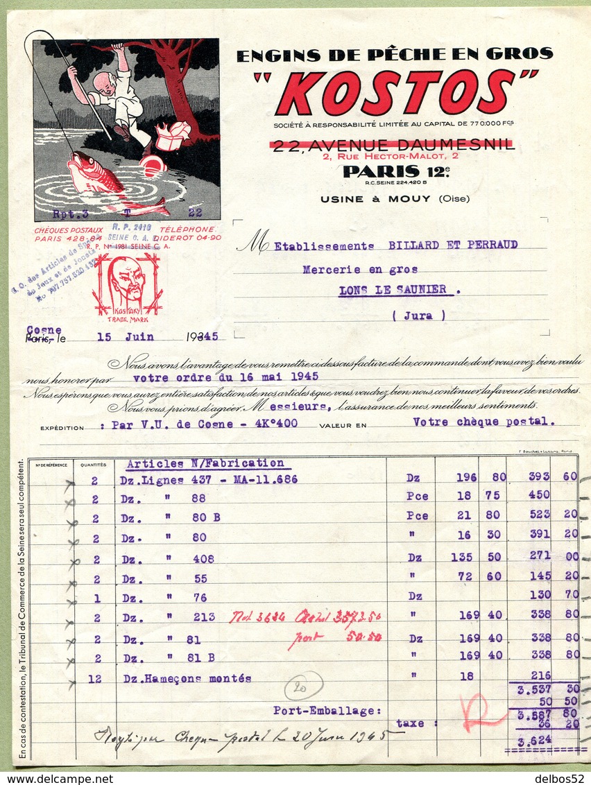 MOUY  (60) : " ENGINS De PÊCHE " KOSTOS " "  1945  PARIS 12 - 1900 – 1949