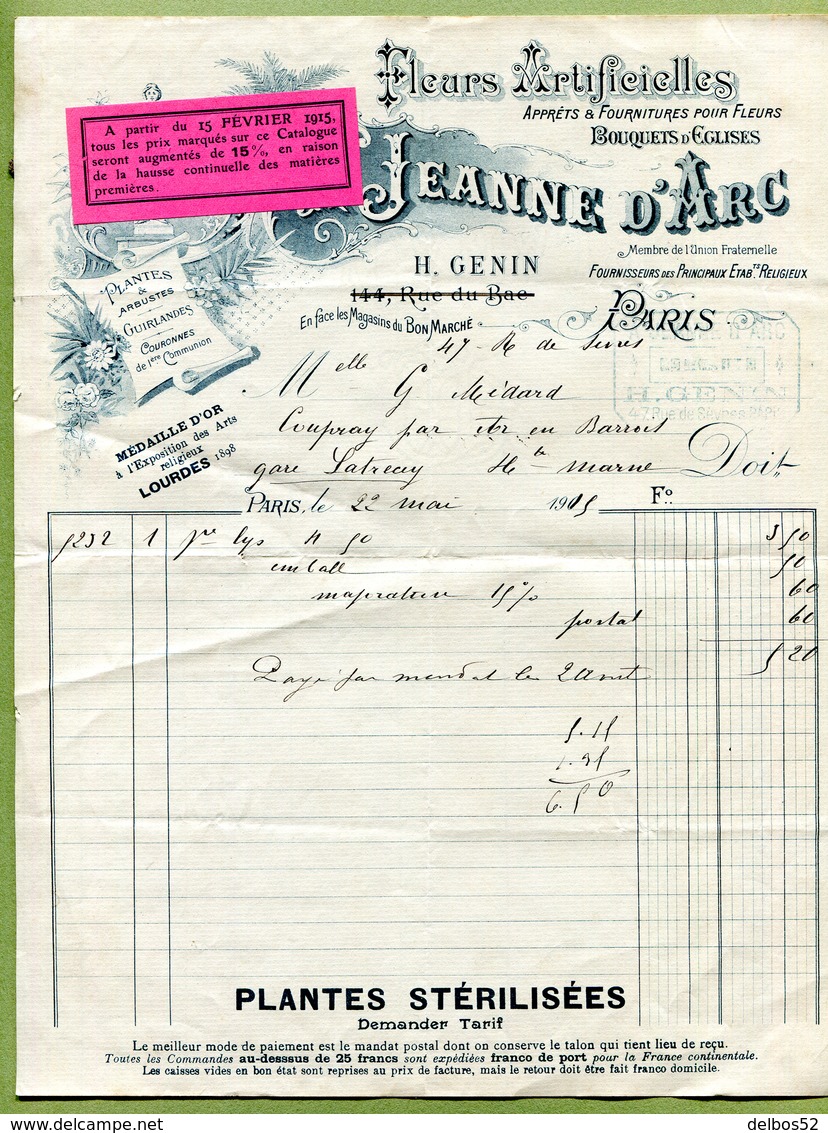 PARIS  : " A JEANNE D'ARC - FLEURS ARTIFICIELLES "  1915 - 1900 – 1949