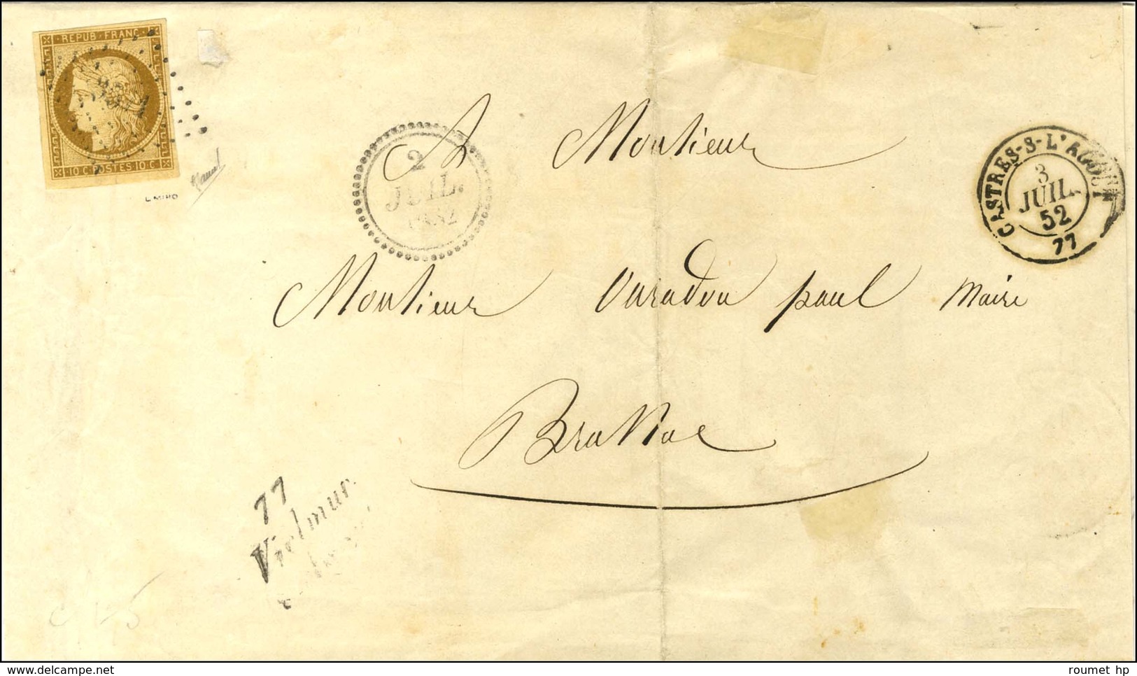 PC 3571 / N° 1 Càd T 15 CASTRES-S-L'AGOUT, 77 Cursive 77 / Villemur / S-L'Agout Sur Imprimé Pour Brassac. 1852. - TB. -  - 1849-1850 Cérès