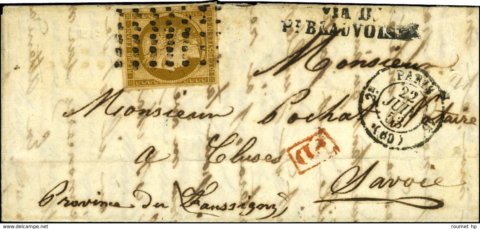 Rouleau De Gros Points / N° 1 Càd PARIS (60) Sur Lettre (1 Timbre Manquant) Pour Cluses (Savoie). Au Verso, Càd Sarde CH - 1849-1850 Ceres