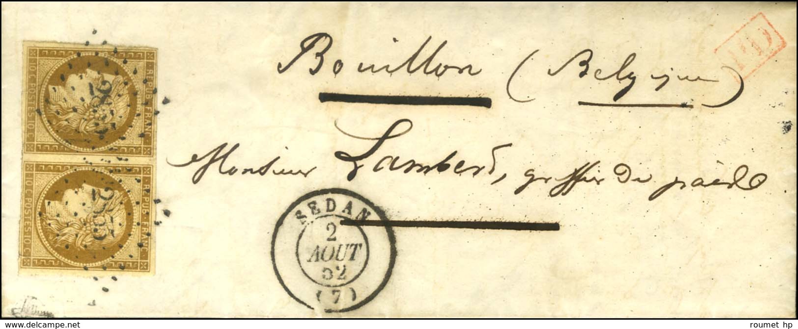 PC 2855 / N° 1 Paire Bistre Brun Càd T 15 SEDAN (7) Sur Lettre Au Tarif Frontalier Pour Bouillon (Belgique). 1852. - TB  - 1849-1850 Cérès