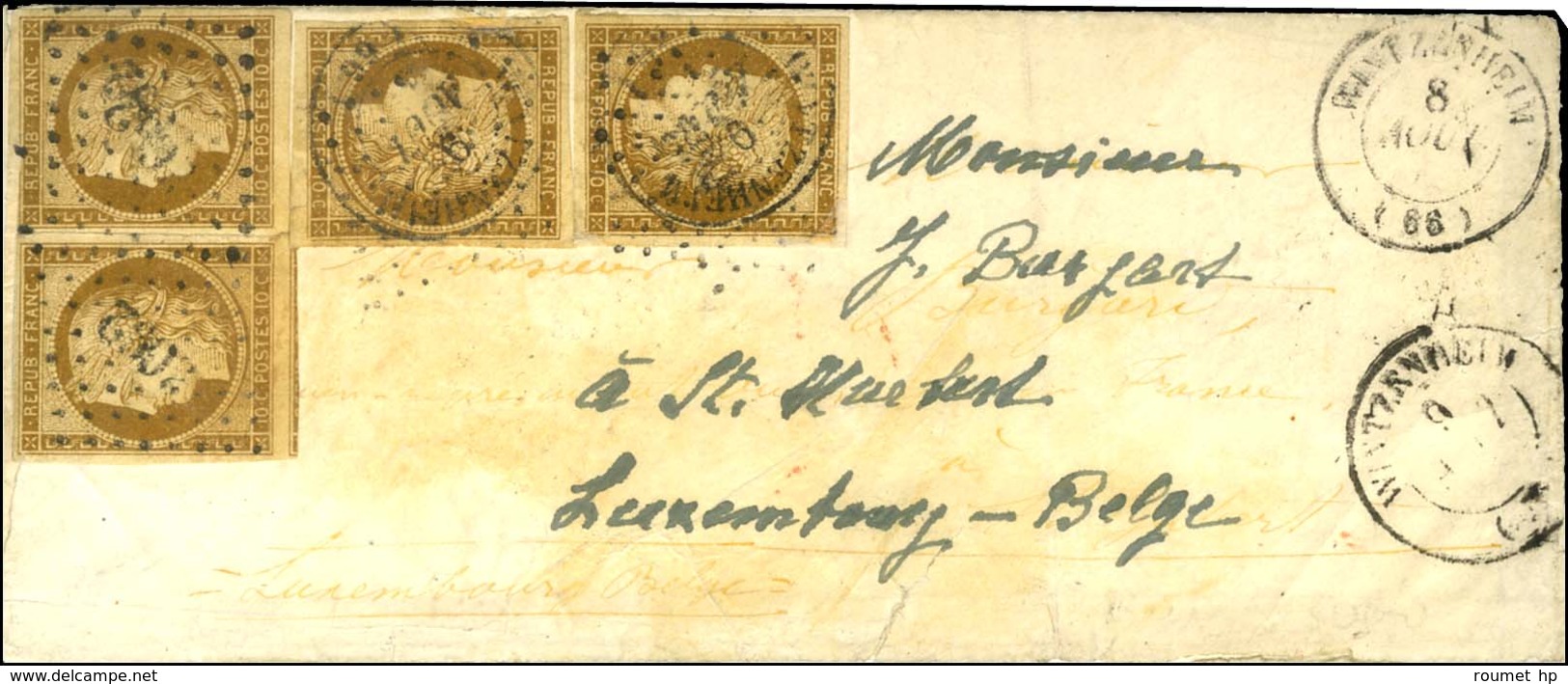 PC 3692 / N° 1 Paire + 2 Ex Bistre Brun Très Foncé (1 Ex Def) Càd T 15 WINTZENHEIM (66) Sur Lettre Pour Le Luxembourg Be - 1849-1850 Cérès