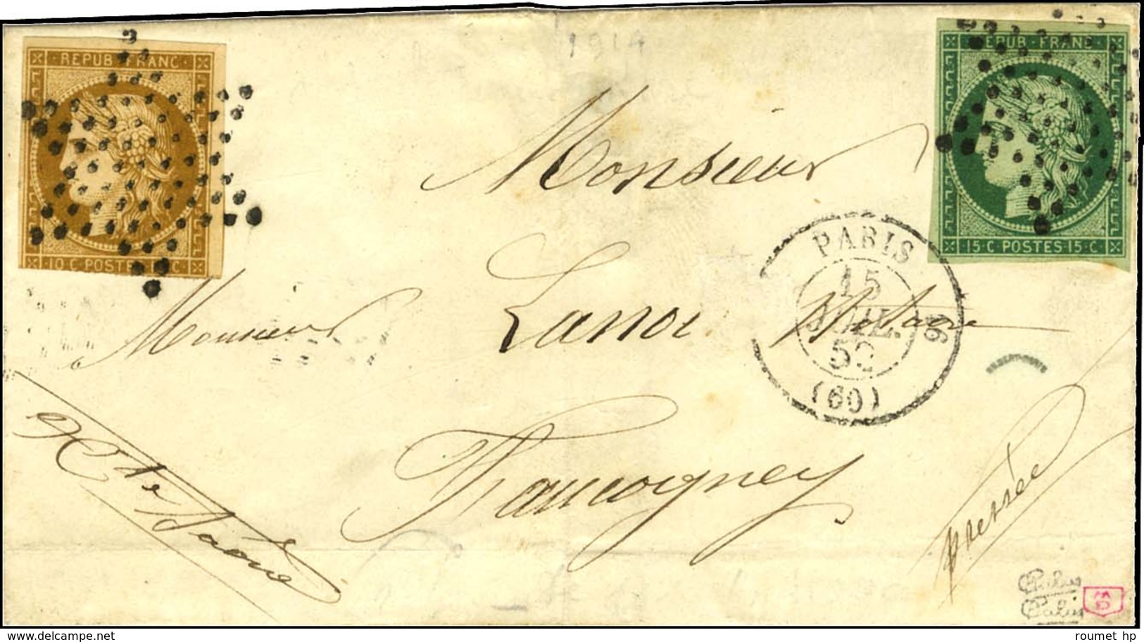 Etoile / N° 1 (def) + 2 Càd PARIS (60) Sur Lettre Adressée à Faucogney. 1852. - TB. - R. - 1849-1850 Ceres