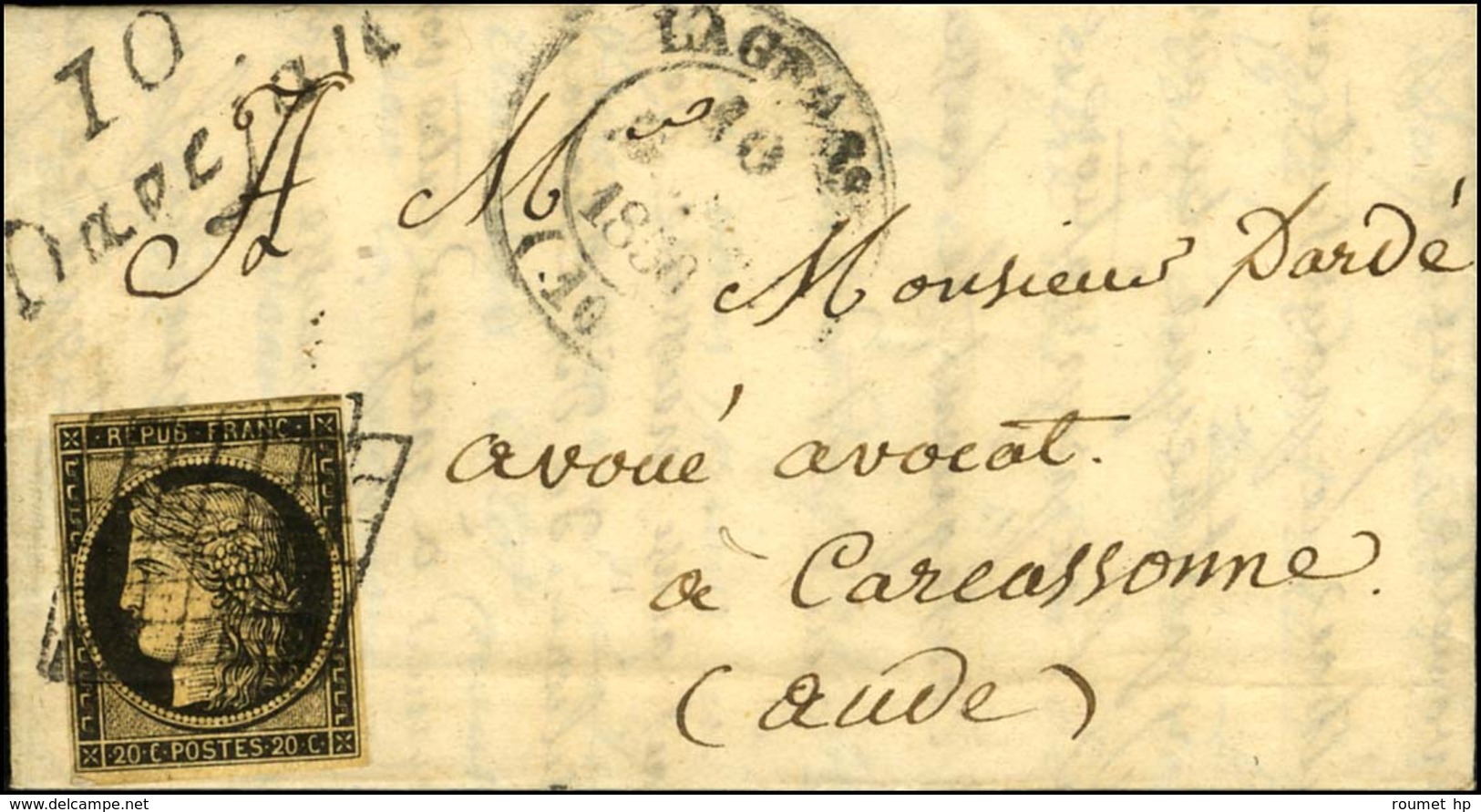 Grille / N° 3 Càd T 14 LAGRASSE (10) Cursive 10 / Davejan (30 Mm) Sur Lettre Avec Texte Daté De Duilhac Pour Carcassonne - 1849-1850 Ceres