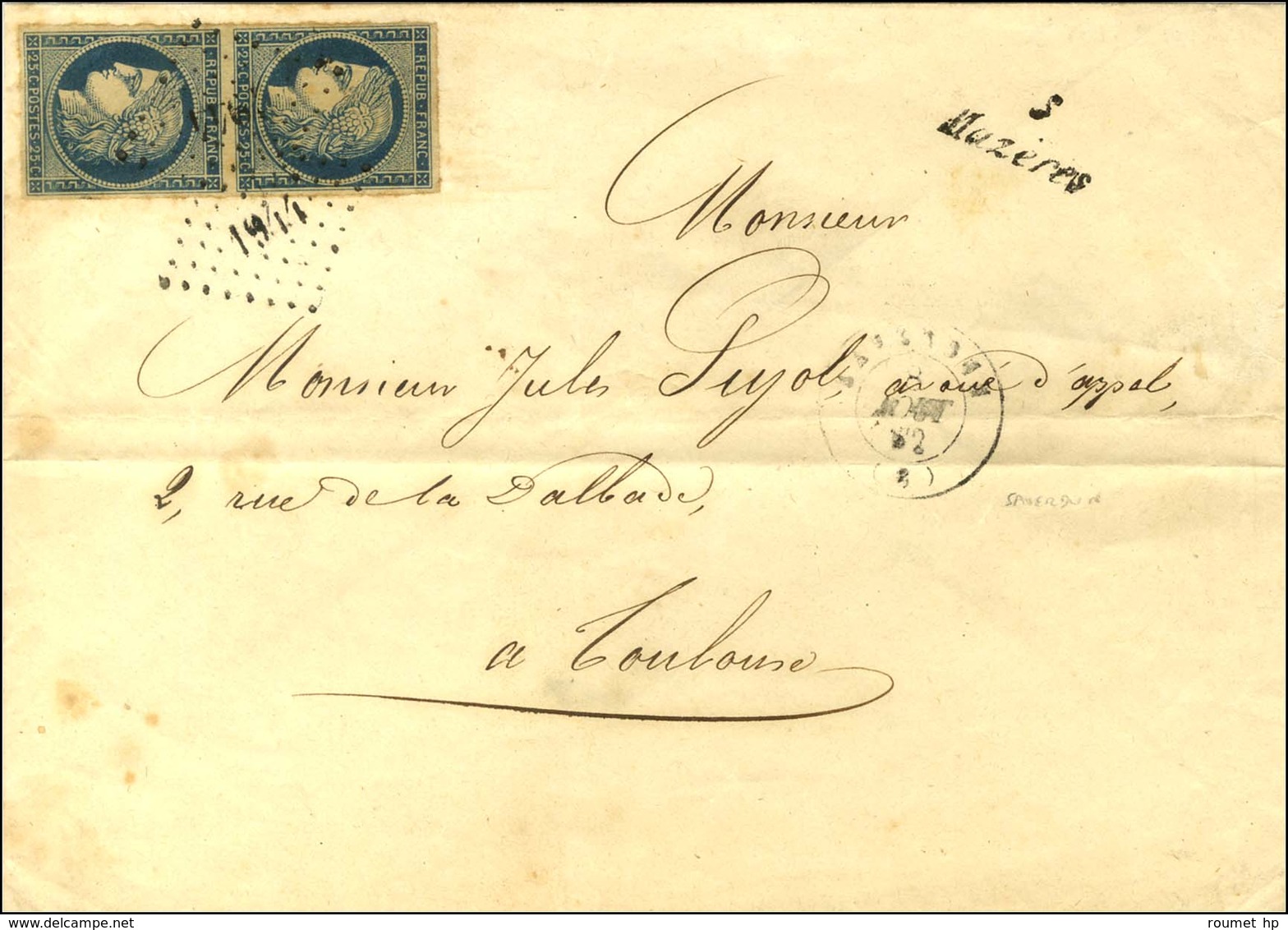 PC 1944 / N° 4 Paire Càd T 15 SAVERDUN (8), Cursive 8 / Mazères Sur Lettre 2 Ports Pour Toulouse. 1852. Rare Association - 1849-1850 Cérès