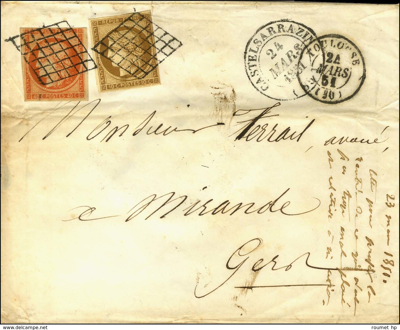Grille / N° 1 + 5 (filet Supérieur Effleuré) Càd T 14 CASTELSARRAZIN (85) Sur Lettre 2 Ports Pour Mirande. 1851. - TB. - - 1849-1850 Ceres