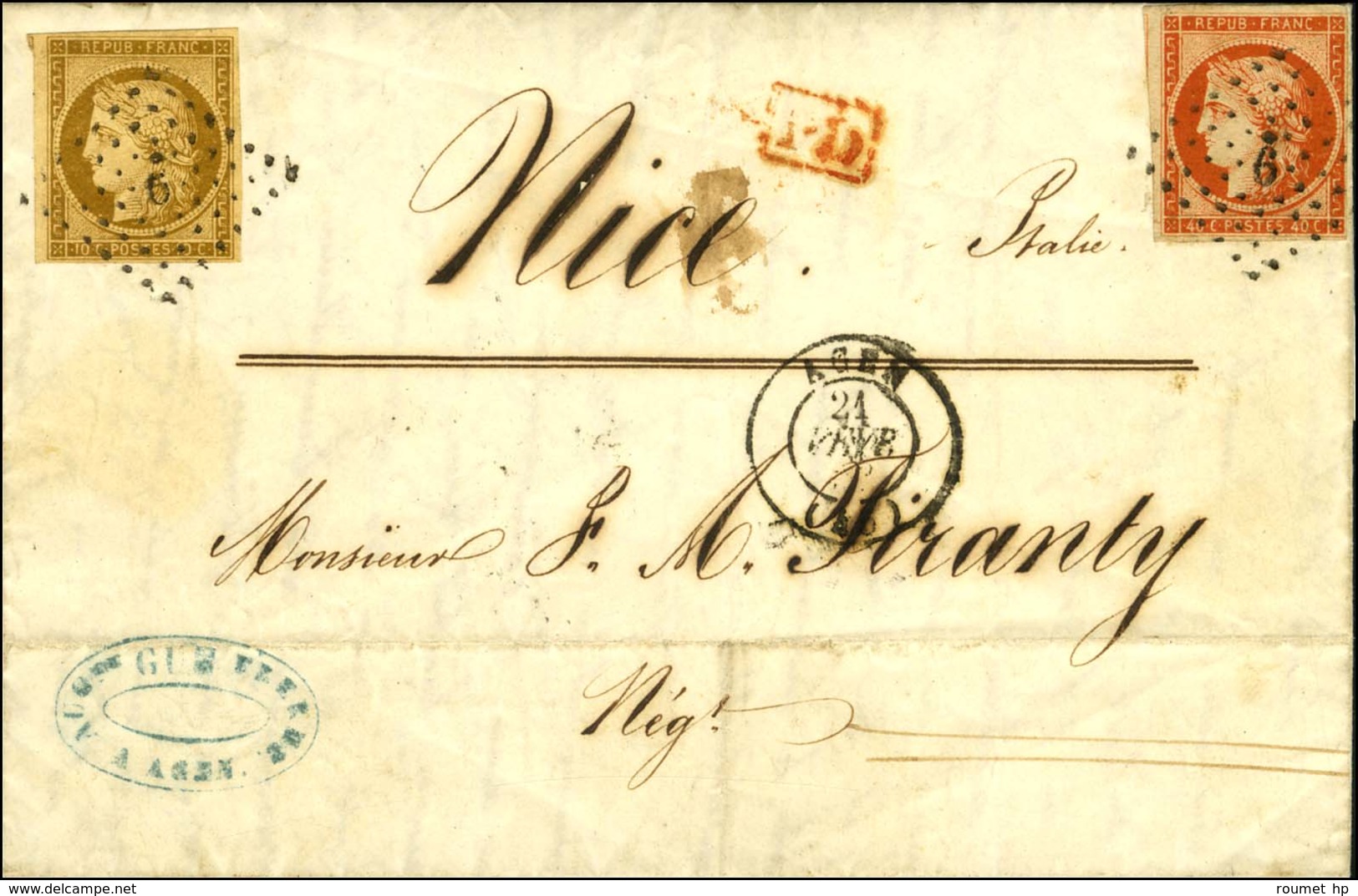 PC 9 / N° 1 + 5 (filet Effleuré) Càd T 15 AGEN (45) Sur Lettre Pour Nice (état Sarde). Au Verso, Càd Sarde D'arrivée NIZ - 1849-1850 Ceres