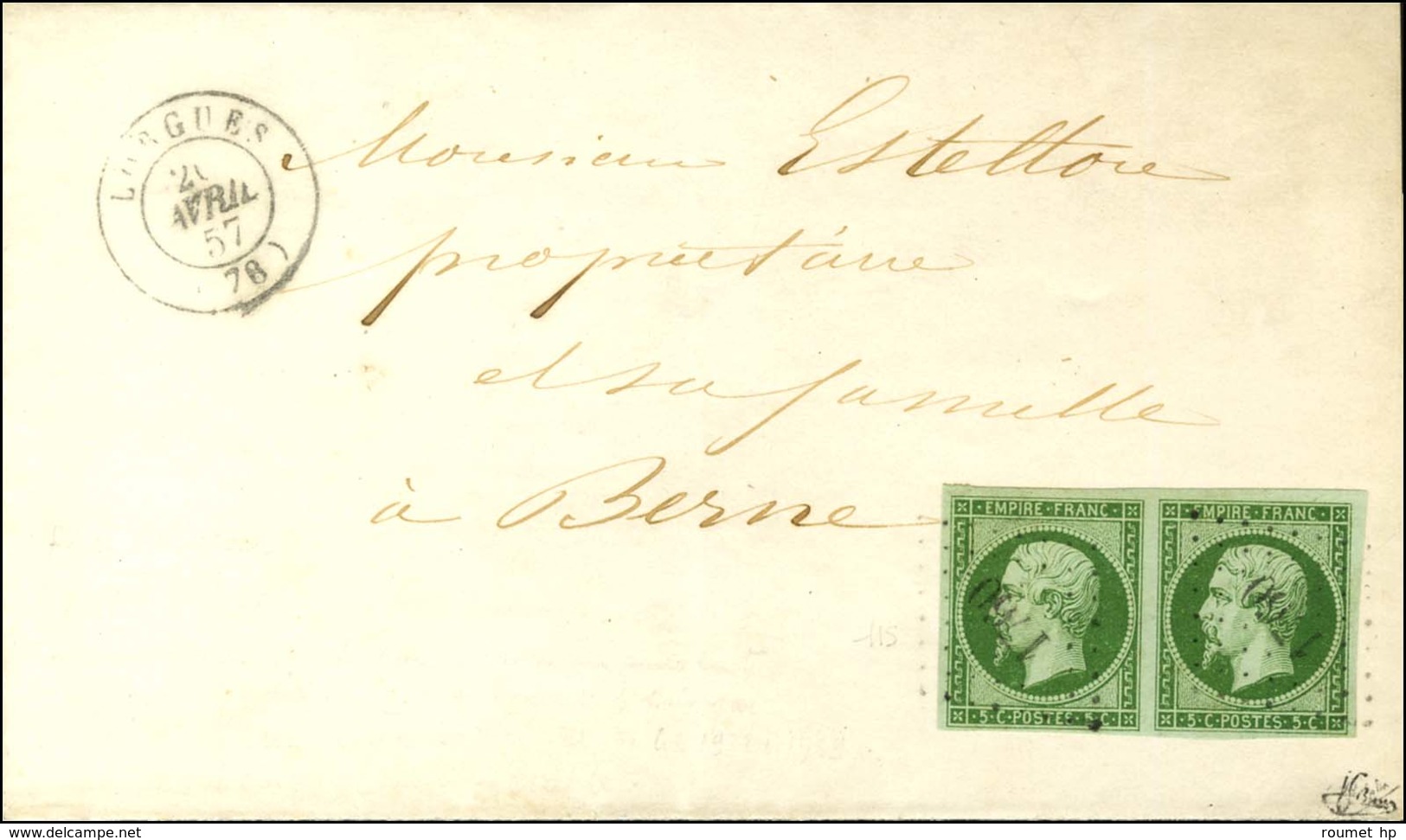 PC 1760 / N° 12 Paire Vert Foncé Sur Vert Superbes Marges Càd T 15 LORGUES (78) Sur Imprimé Complet Pour Berne. 1857. -  - 1853-1860 Napoleon III