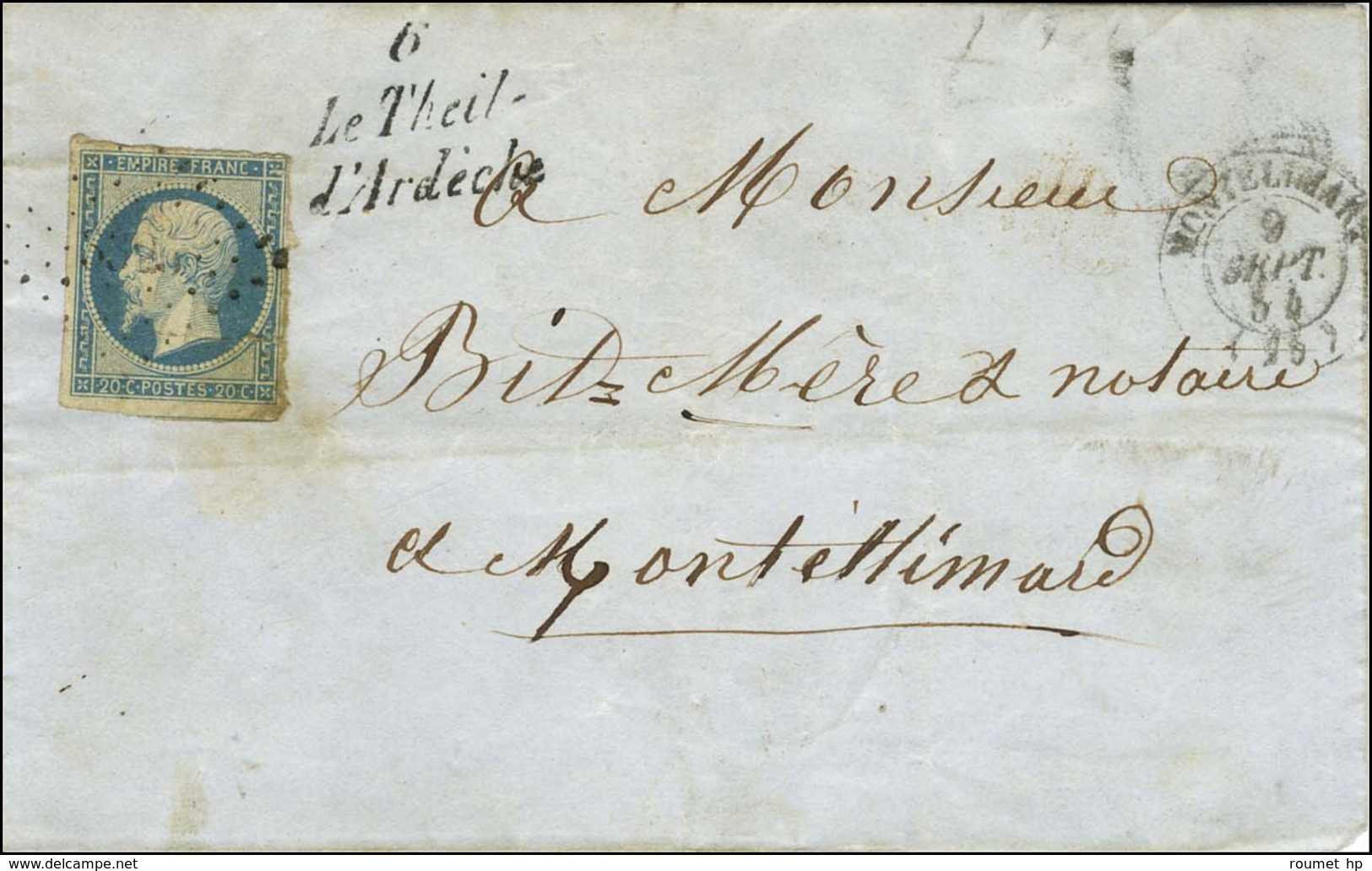 PC 3325 / N° 14 (pd) Càd T 15 MONTELIMARD (25) Cursive 6 / Le Theil / D'Ardèche. 1854. - B / TB. - 1853-1860 Napoléon III