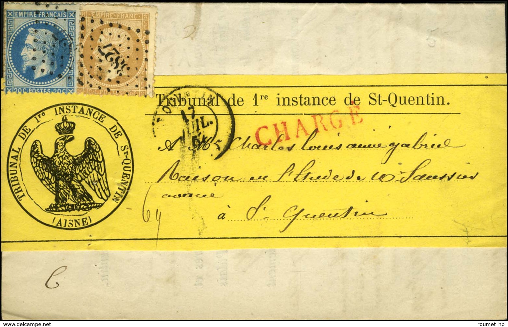 PC Du GC 3827 / N° 21 + 28 Càd T 15 ST QUENTIN (2) Sur Lettre Chargée Adressée Sous Bande à St Quentin. 1867. - TB / SUP - 1863-1870 Napoleon III Gelauwerd