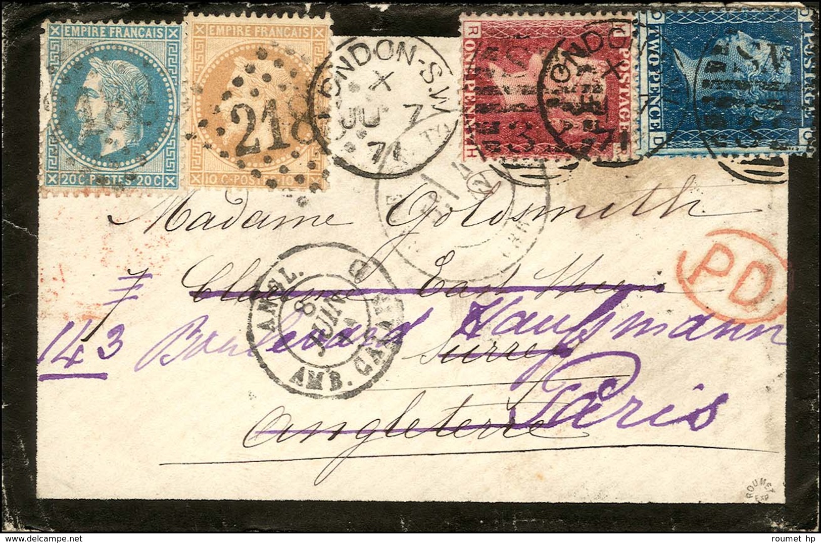 GC 2188 (le Mans) / N° 28 + N° 29 (def) Sur Lettre Pour L'Angleterre Réexpédiée à Paris Avec Angleterre 1 Penny + 2 Penc - 1863-1870 Napoléon III Lauré