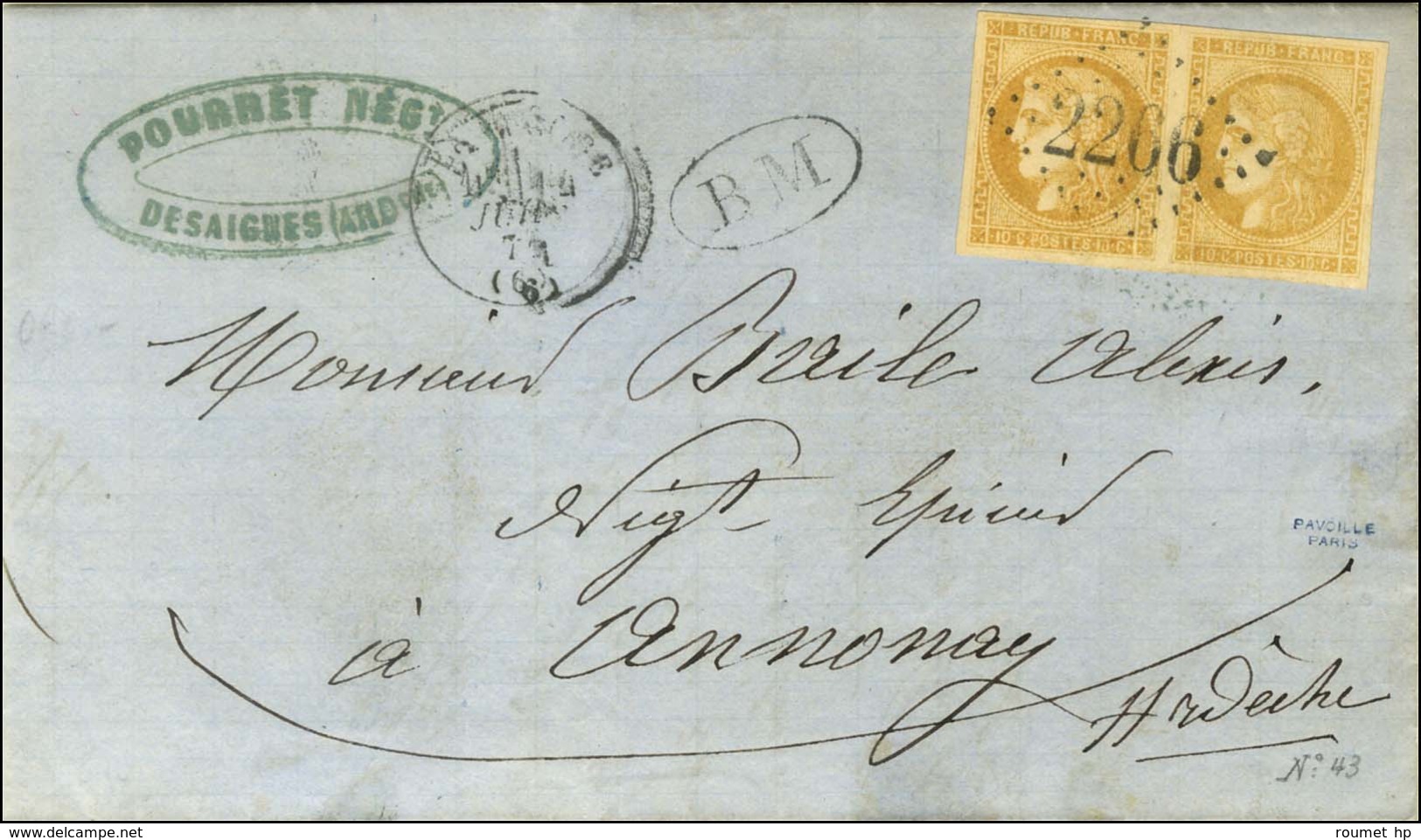 GC 2266 / N° 43 Nuance Citron, Paire Càd T 16 LA MASTRE (6) Sur Lettre Avec Texte Daté De Desaignes Remise à La Boîte Mo - 1870 Bordeaux Printing