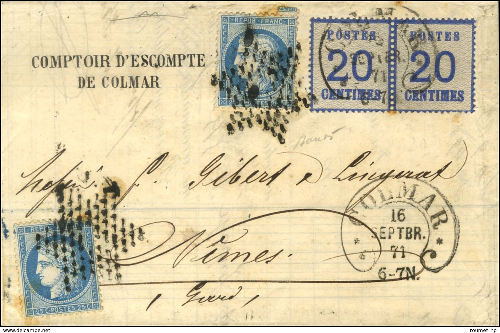 Cachet Fer à Cheval COLMAR 16 SEPTBR. 71 / Alsace N° 6 Paire + N° 60 (2) Obl étoile évidée Sur Lettre 2 Ports En Affranc - 1871-1875 Ceres