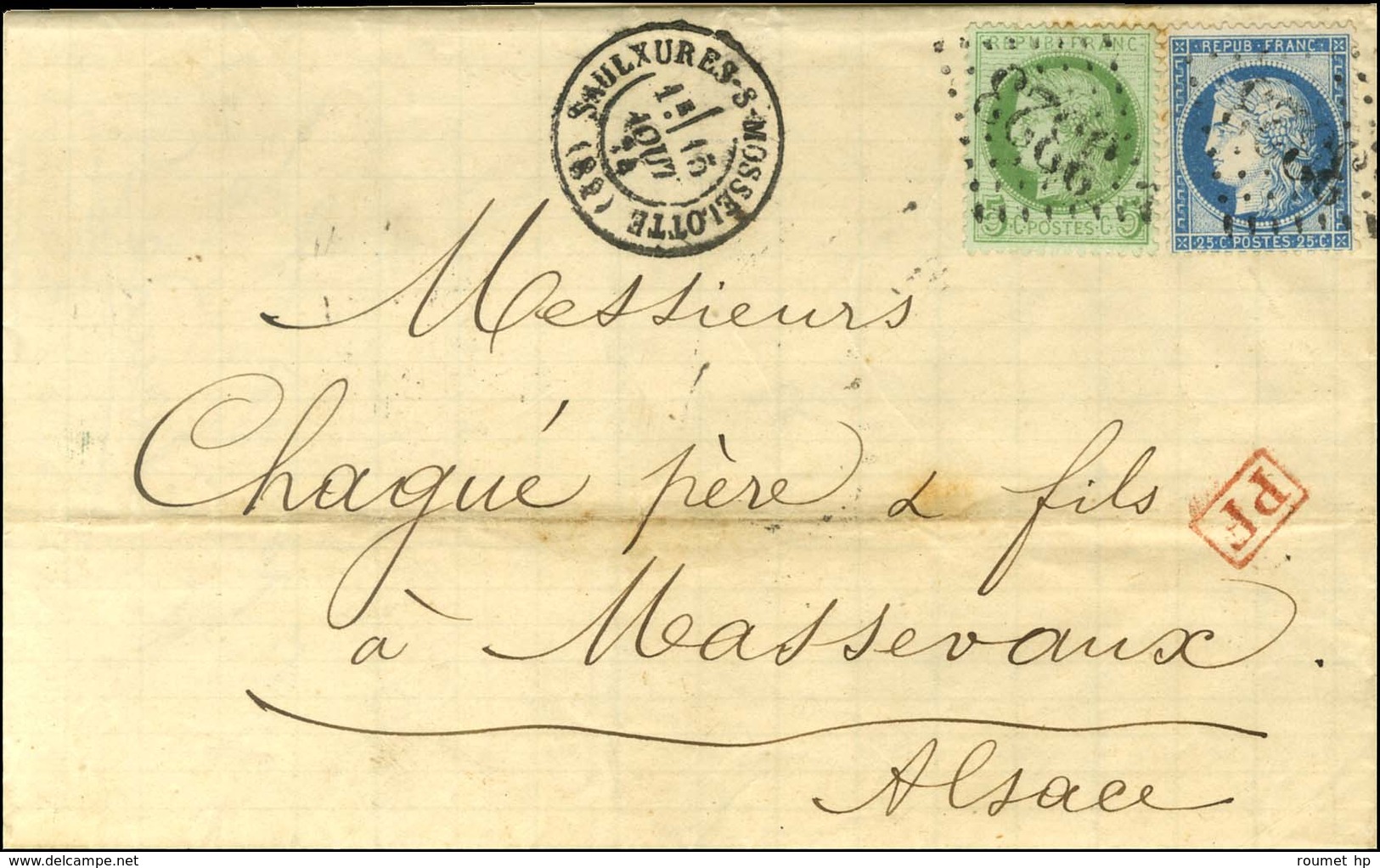 GC 3323 / N° 53 + 60 Càd SAULXURES-S-MOSSELOTTE (82) Sur Lettre Au Tarif Du Rayon Frontière Pour Massevaux (Alsace). 187 - 1871-1875 Cérès