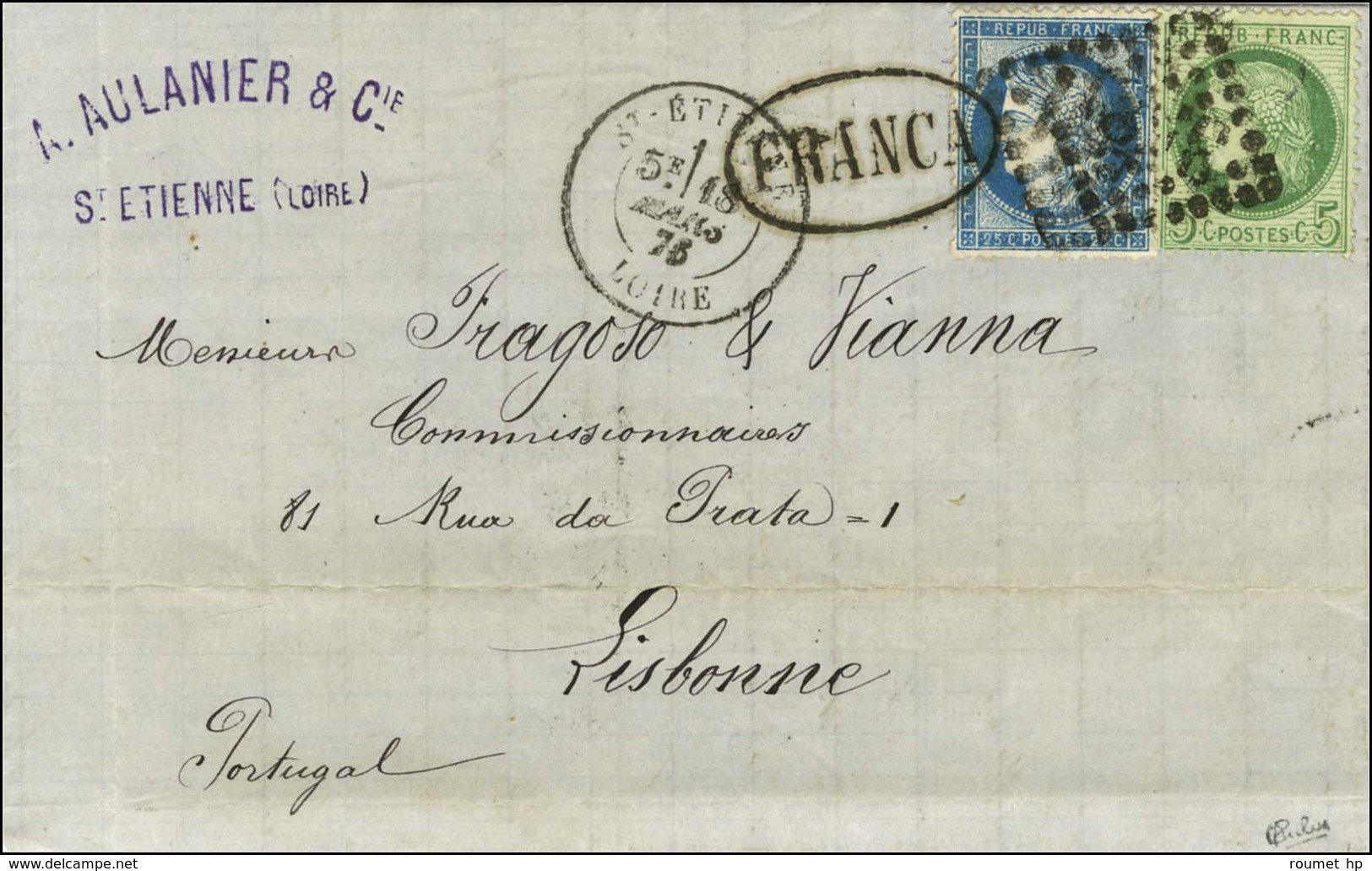 GC 3581 / N° 53 + 60 Càd T 18 ST ETIENNE / LOIRE Sur Lettre Pour Lisbonne. Au Verso, Càd D'arrivée. 1875. - TB / SUP. - 1871-1875 Ceres