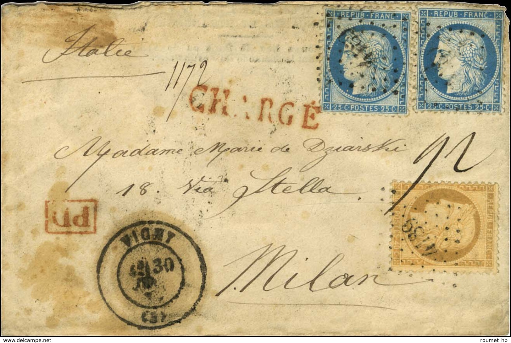 PC Du GC 4189 / N° 38 + 60 (2) Càd T 17 VICHY (3) Sur Lettre Chargée Pour Milan. 1873. - TB. - 1871-1875 Ceres