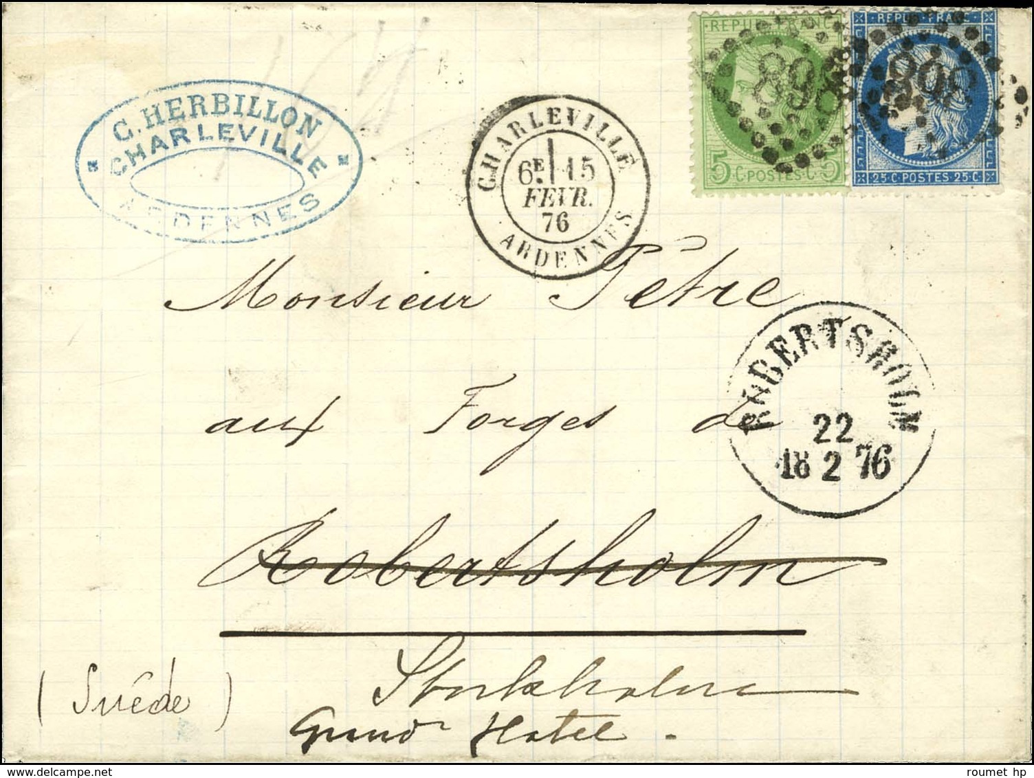 GC 898 / N° 53 + 60 Càd T 18 CHARLEVILLE / ARDENNES Sur Lettre Adressée à Robertsholm (Suède) Et Réexpédiée à Stockholm. - 1871-1875 Ceres