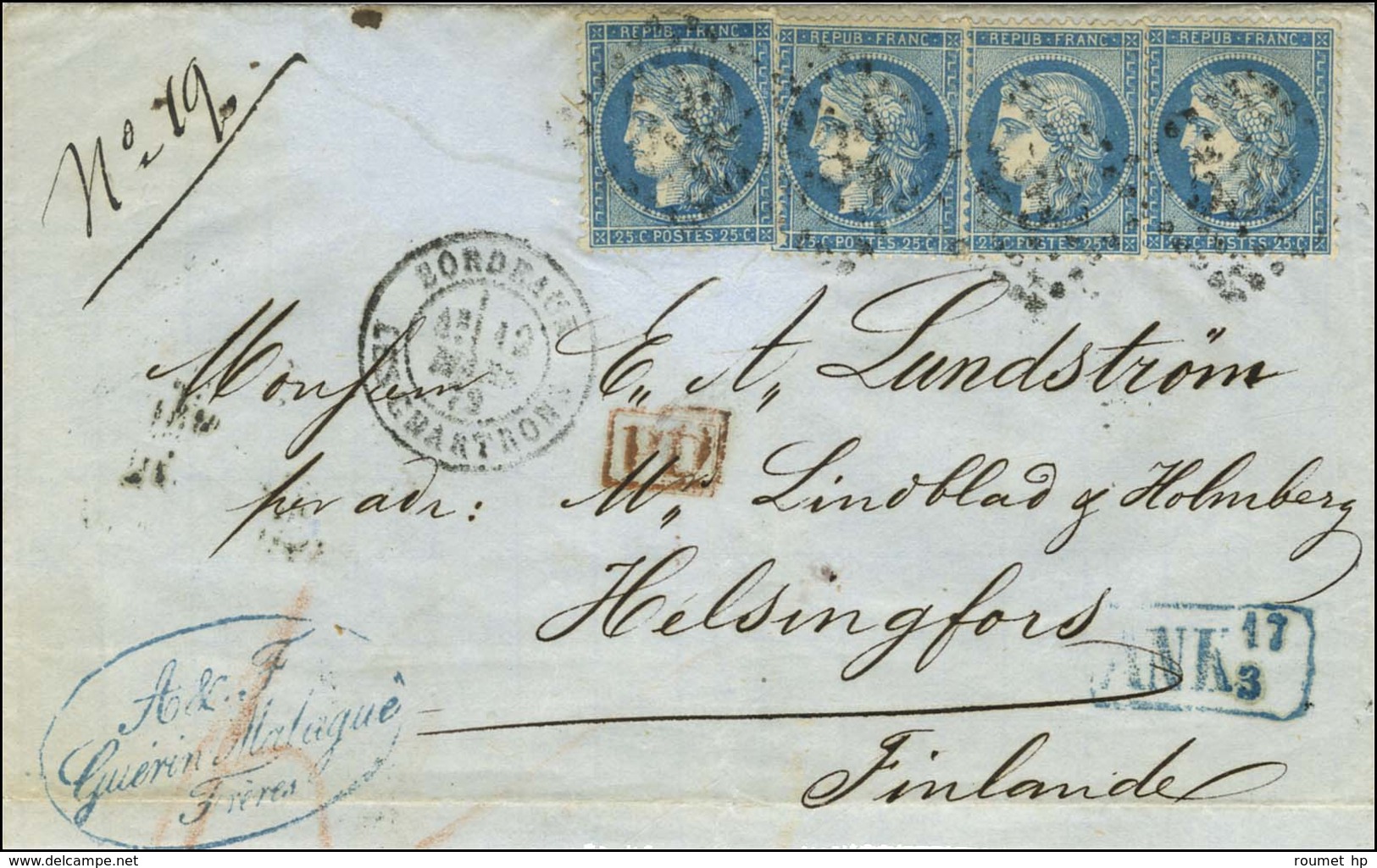 GC 532 / N° 60 (4) Càd BORDEAUX / LES CHARTRONS Sur Lettre 2 Ports Pour Helsingfors (Finlande). Au Recto, Marque D'arriv - 1871-1875 Cérès