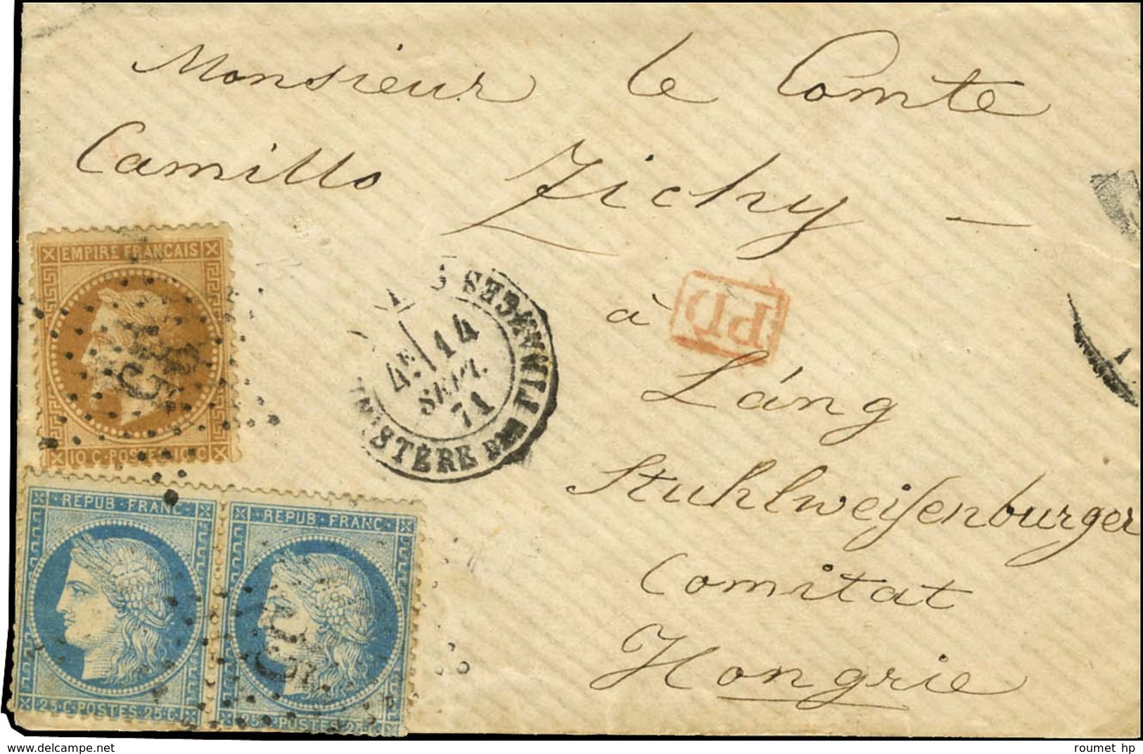 Etoile 35 / N° 28 + 60 (2) Càd PARIS / MINISTERE DES FINANCES Sur Lettre Pour Lang (Hongrie). Au Verso, Càd De Passage ( - 1871-1875 Ceres