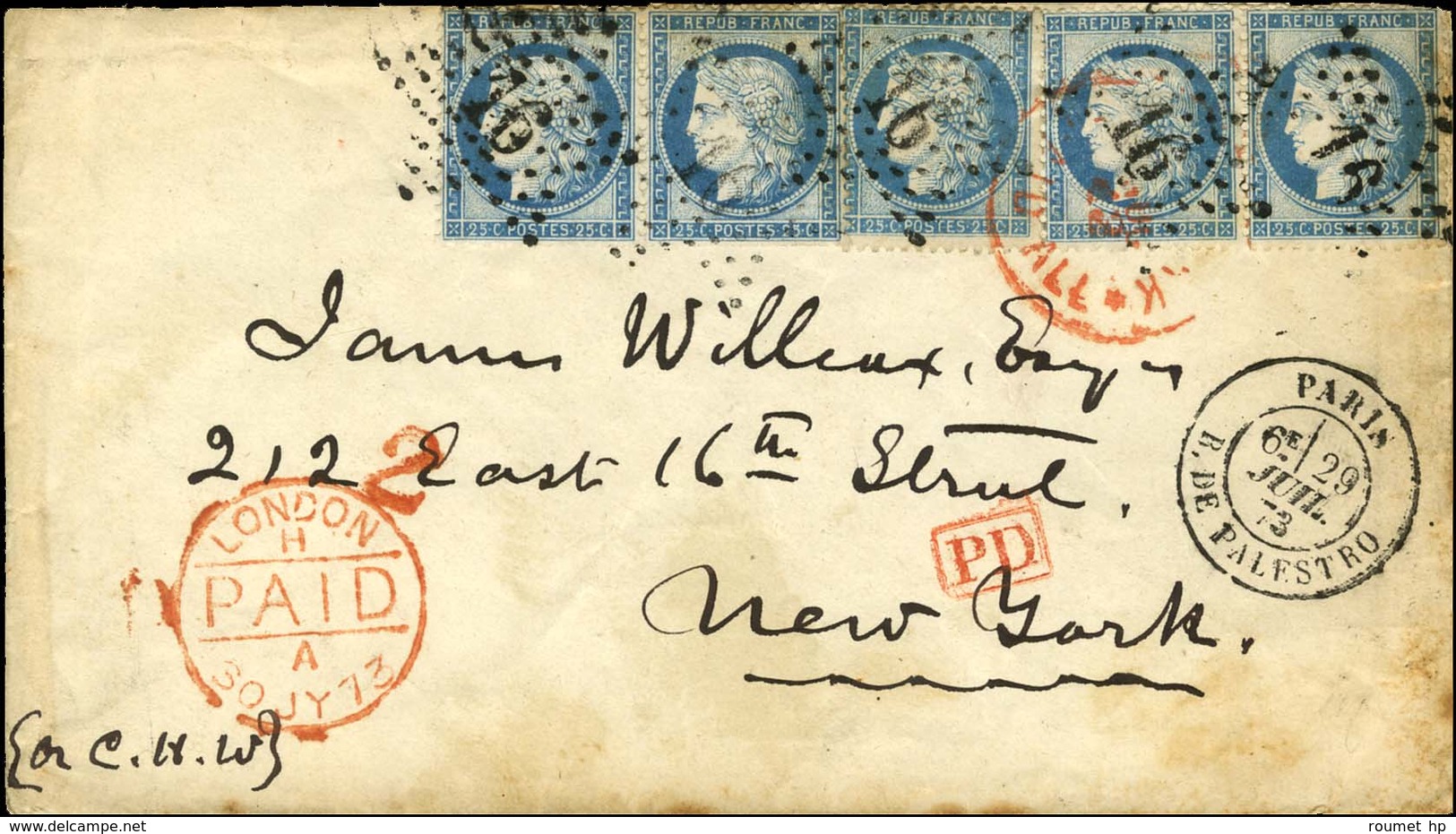 Etoile 16 / N° 60 (5) (1 Ex Pd) Càd PARIS / R. DE PALESTRO Sur Lettre Pour New York. Au Recto, Càd De Passage LONDRES Et - 1871-1875 Cérès