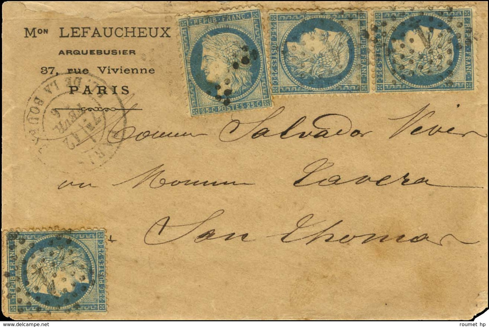 Etoile 1 / N° 60 (4) Càd PARIS / PL. DE LA BOURSE Sur Lettre Pour St Thomas. Au Verso, Càd D'arrivée. 1876. - TB. - R. - 1871-1875 Cérès