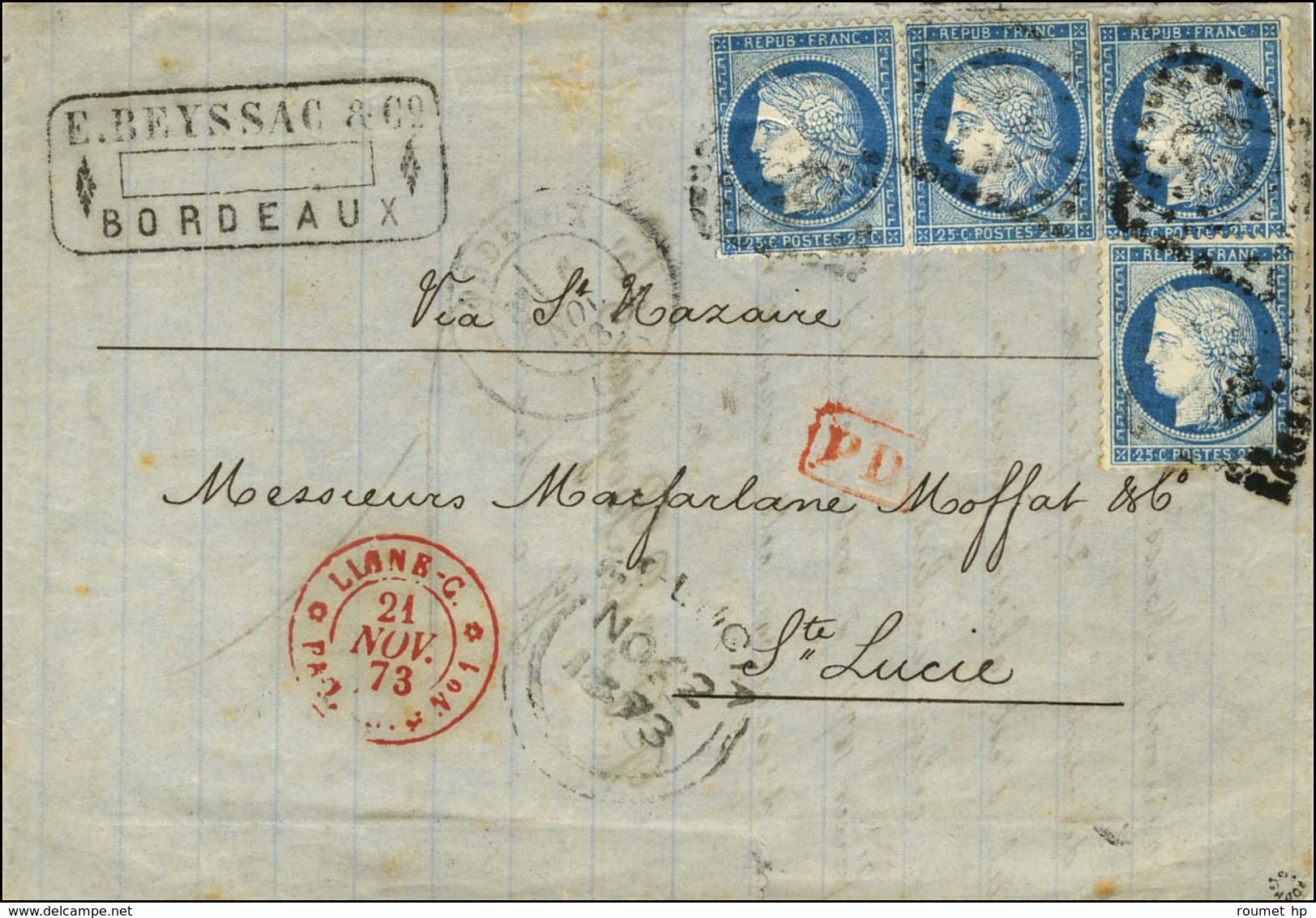 GC 532 / N° 60 (4) Càd BORDEAUX (32) Sur Lettre Pour Ste Lucie. Au Recto, Càd Rouge LIGNE C / PAQ. FR N° 1 Et Càd D'arri - 1871-1875 Cérès