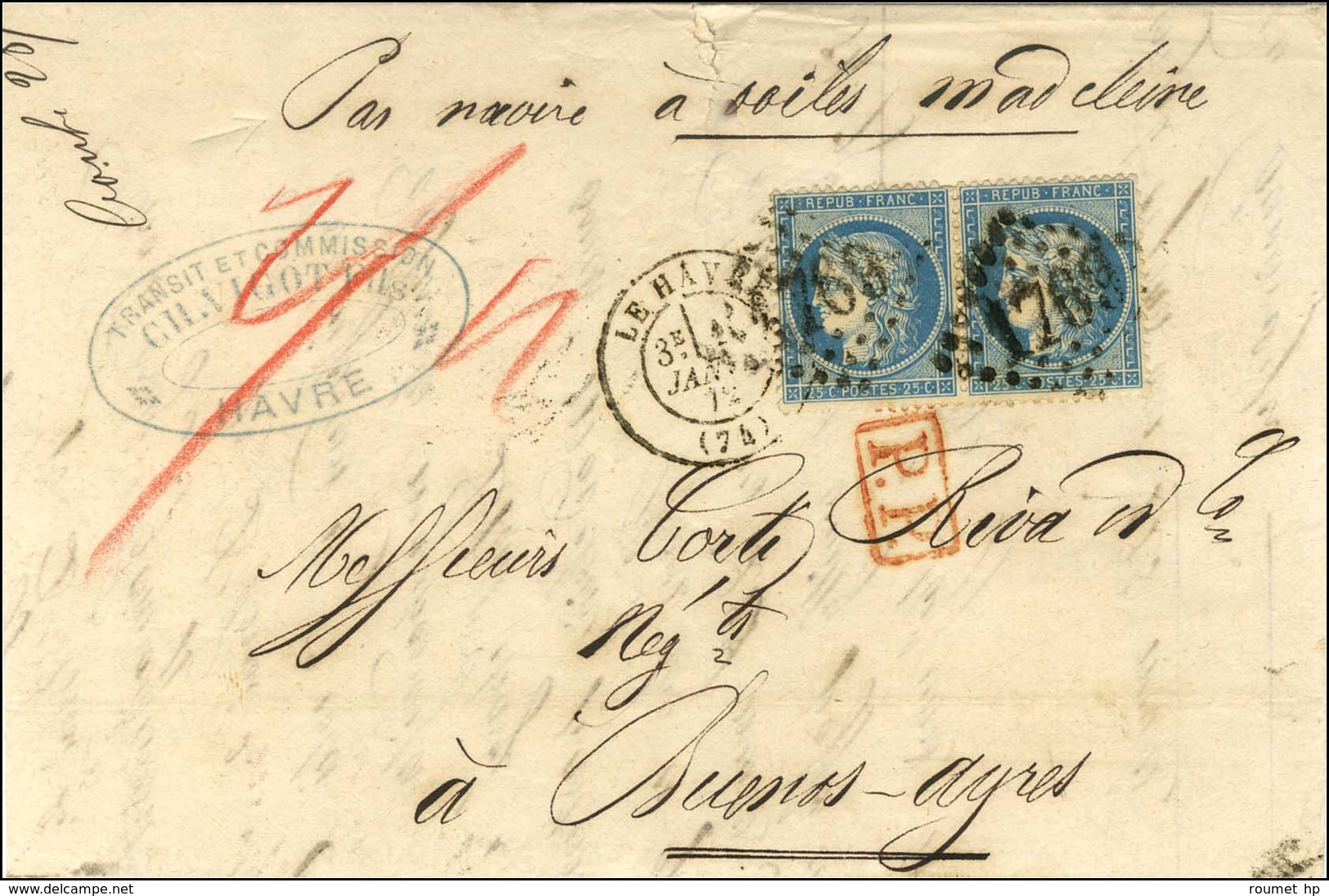 GC 1769 / N° 60 Paire Càd T 17 LE HAVRE (74) Sur Lettre Adressée Au Tarif Des Bâtiments De Commerce à Buenos Ayres. Au R - 1871-1875 Cérès