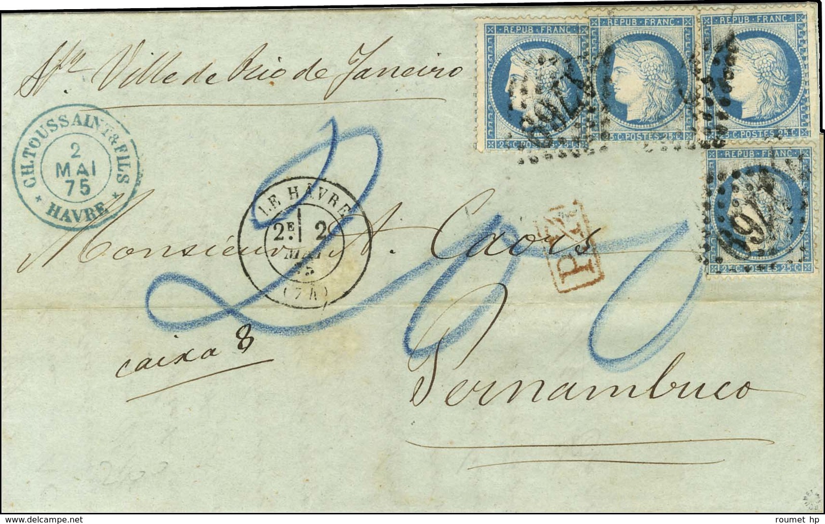 GC 1769 / N° 60 (4) Càd T 17 LE HAVRE (74) Sur Lettre Adressée à Pernambuco (Brésil) En Double Port Au Tarif Des Bâtimen - 1871-1875 Cérès