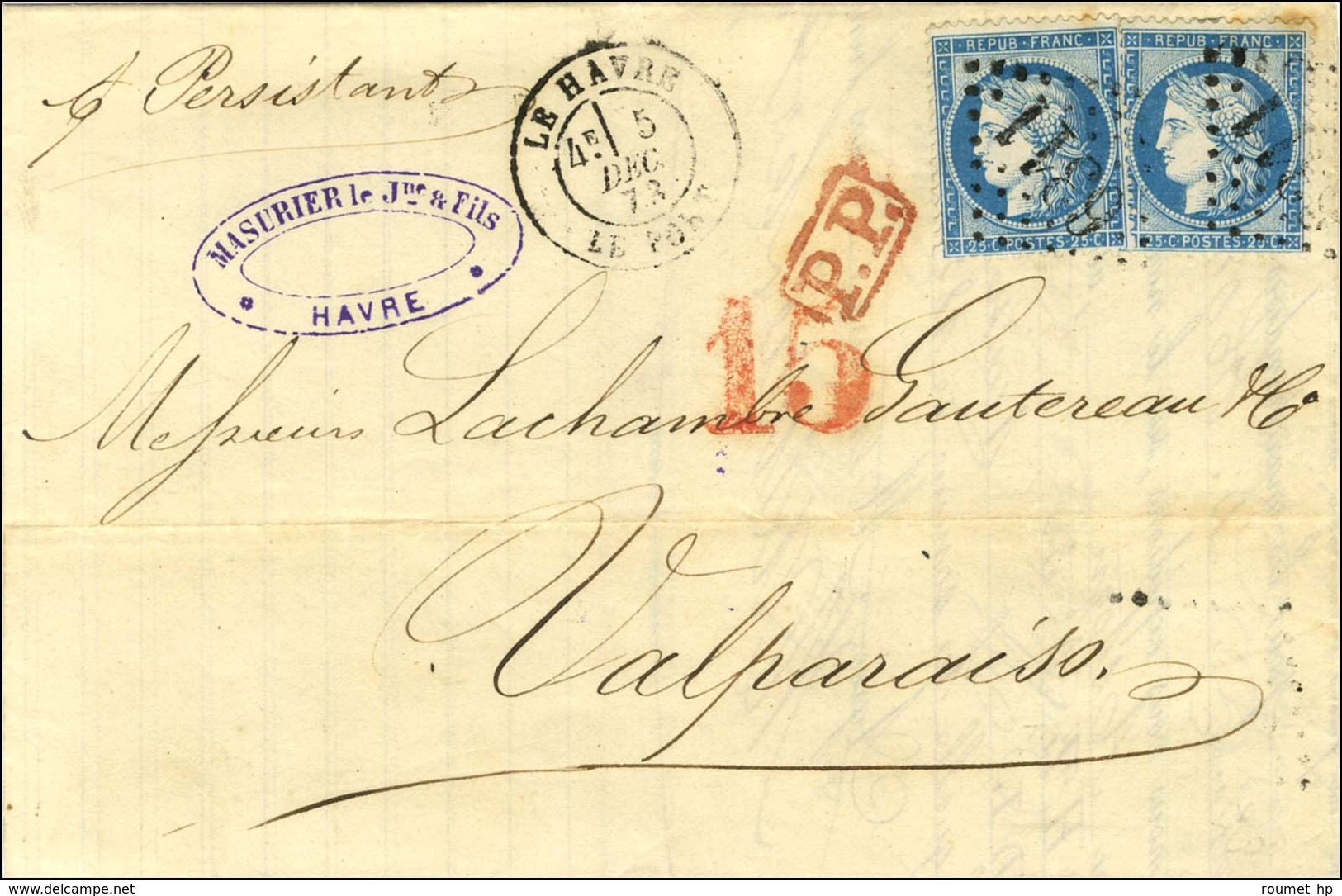 GC 6311 / N° 60 (2) Càd T 18 LE HAVRE / LE PORT Sur Lettre Au Tarif Des Bâtiments De Commerce Adressée à Valparaiso Par  - 1871-1875 Cérès